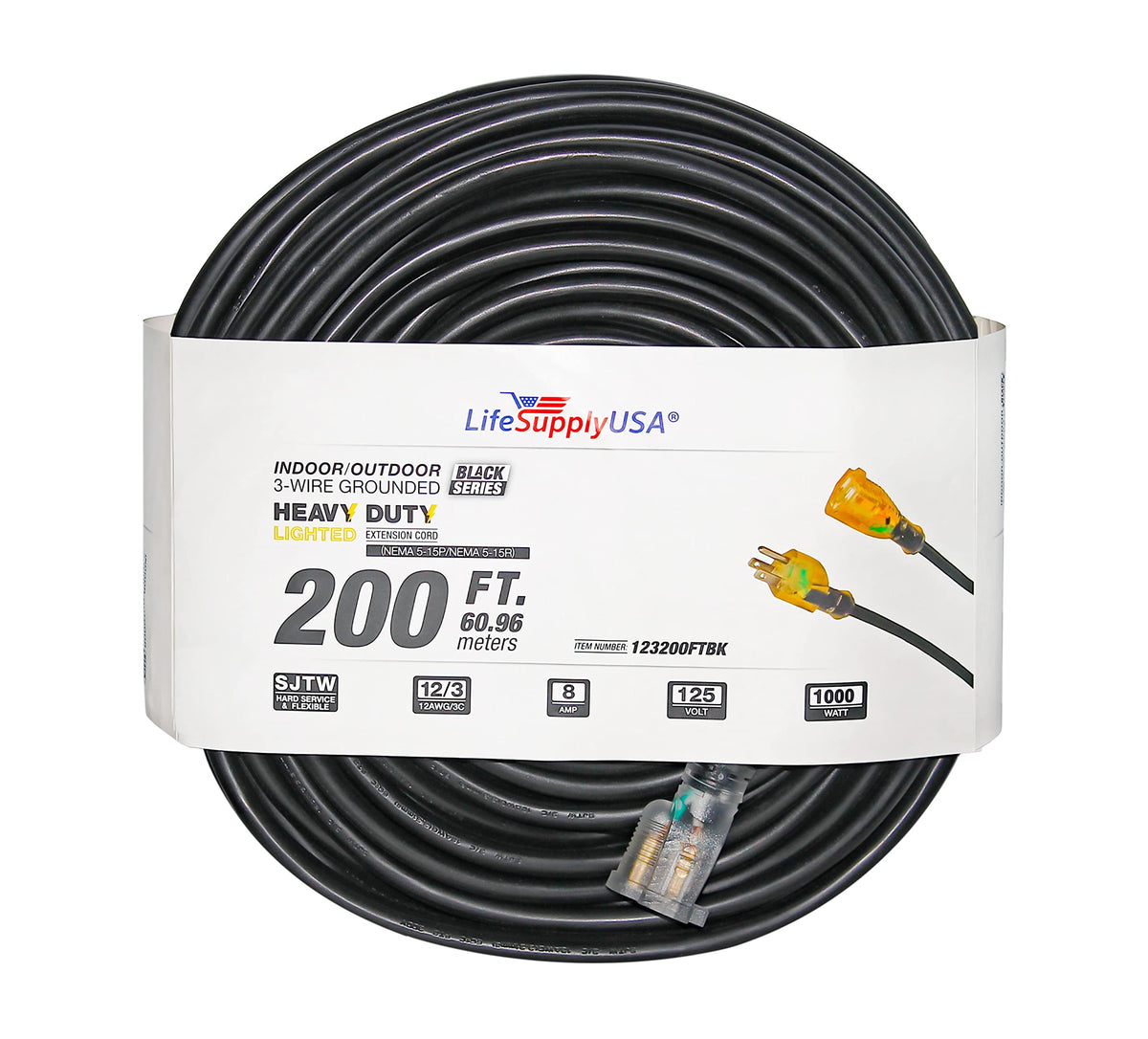Lifesupplyusa Indoor Outdoor Extension Cord   200 Ft Long Power Extension Cable With Multiple Outlets, Lighted End   Heavy Duty