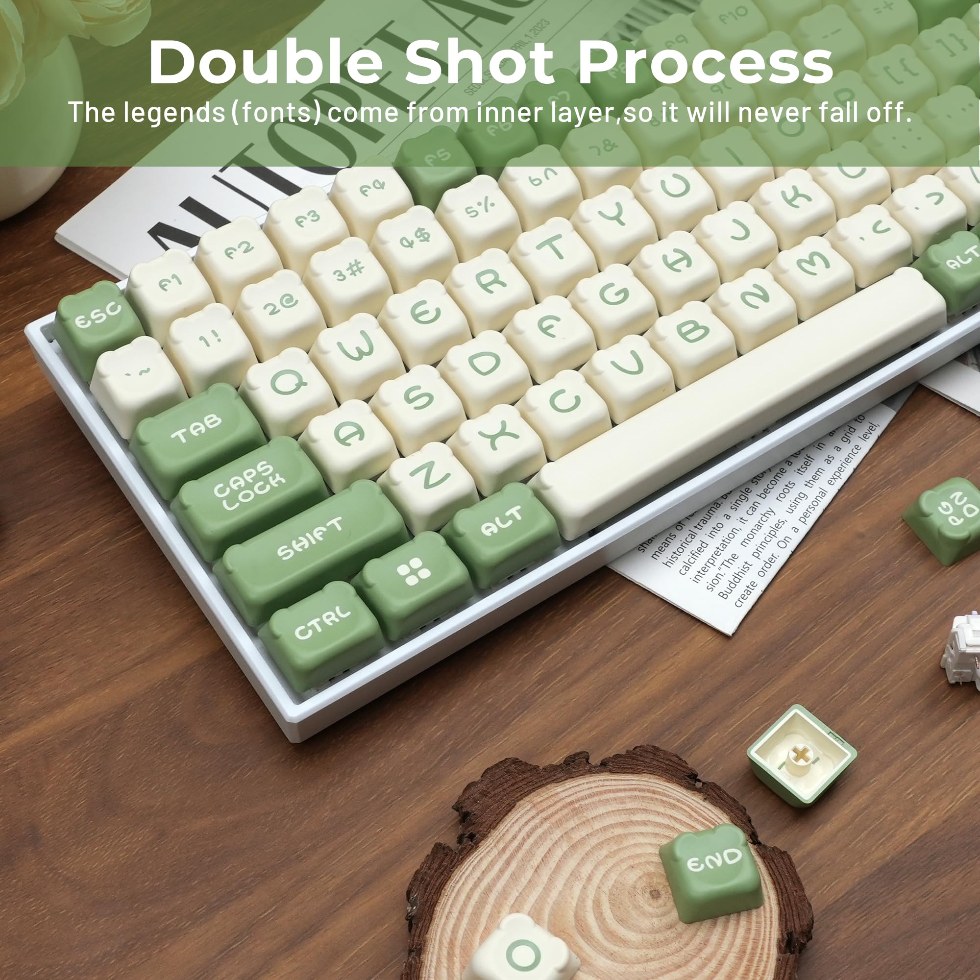 GMKWTL Cute Bear Keycaps Set - Matcha Green & Creamy, MDA Profile, Double Shot PBT for Cherry/Gateron MX Switches