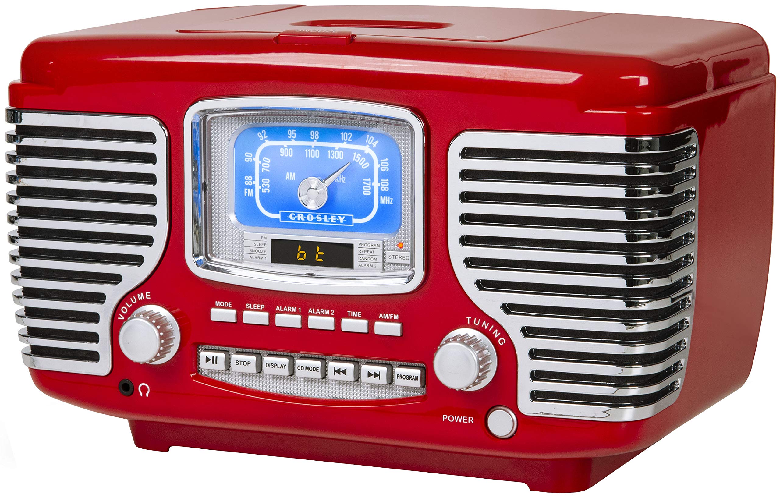 Crosley Cr612B-Re Corsair Tabletop Am/Fm Bluetooth Radio With Cd Player And Dual Alarm Clock, Red
