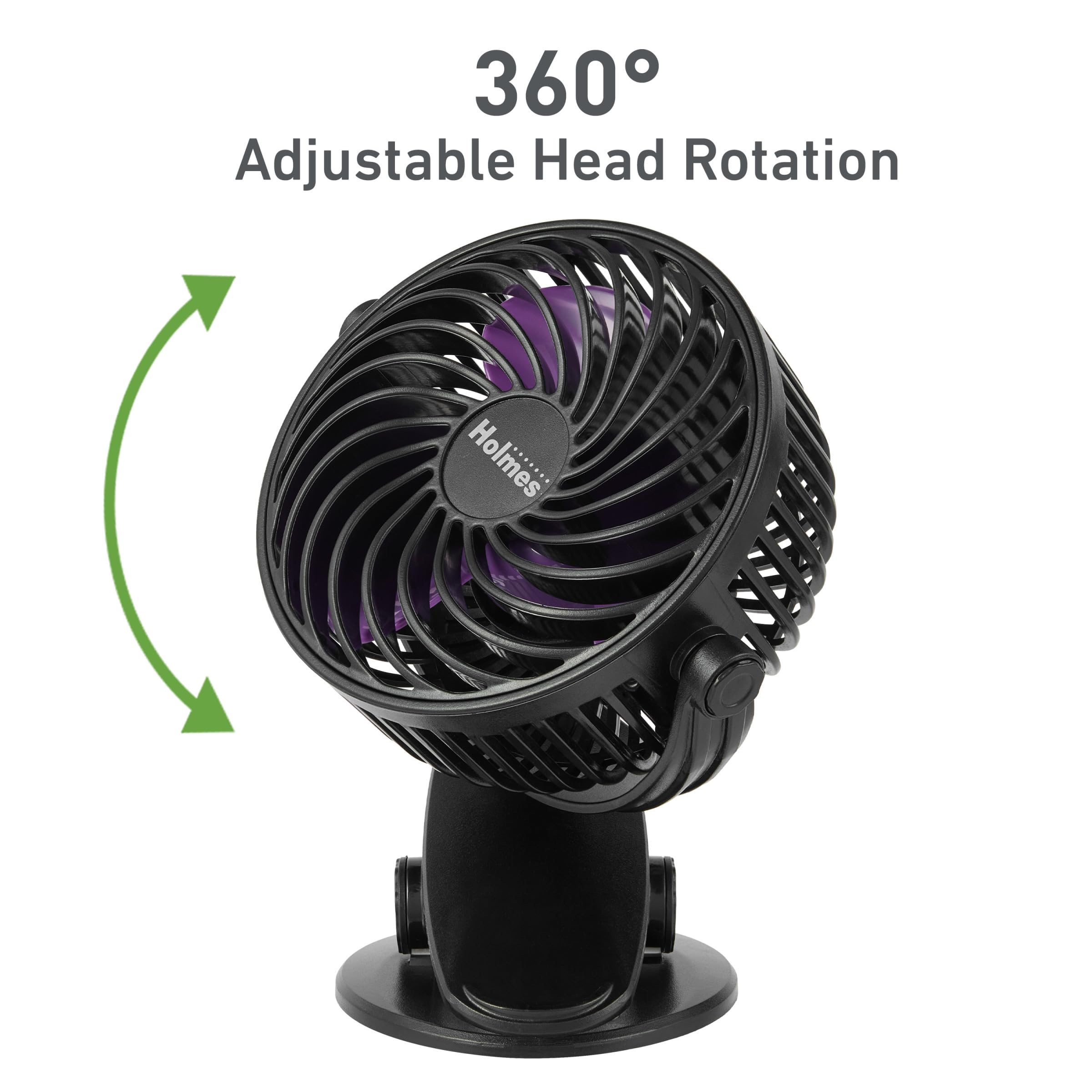 Holmes 4    On-The-Go Personal Fan With Clip - 3 Speeds, 360 Rotation, Rechargeable Battery, Usb-C Charging, Compact, Black With