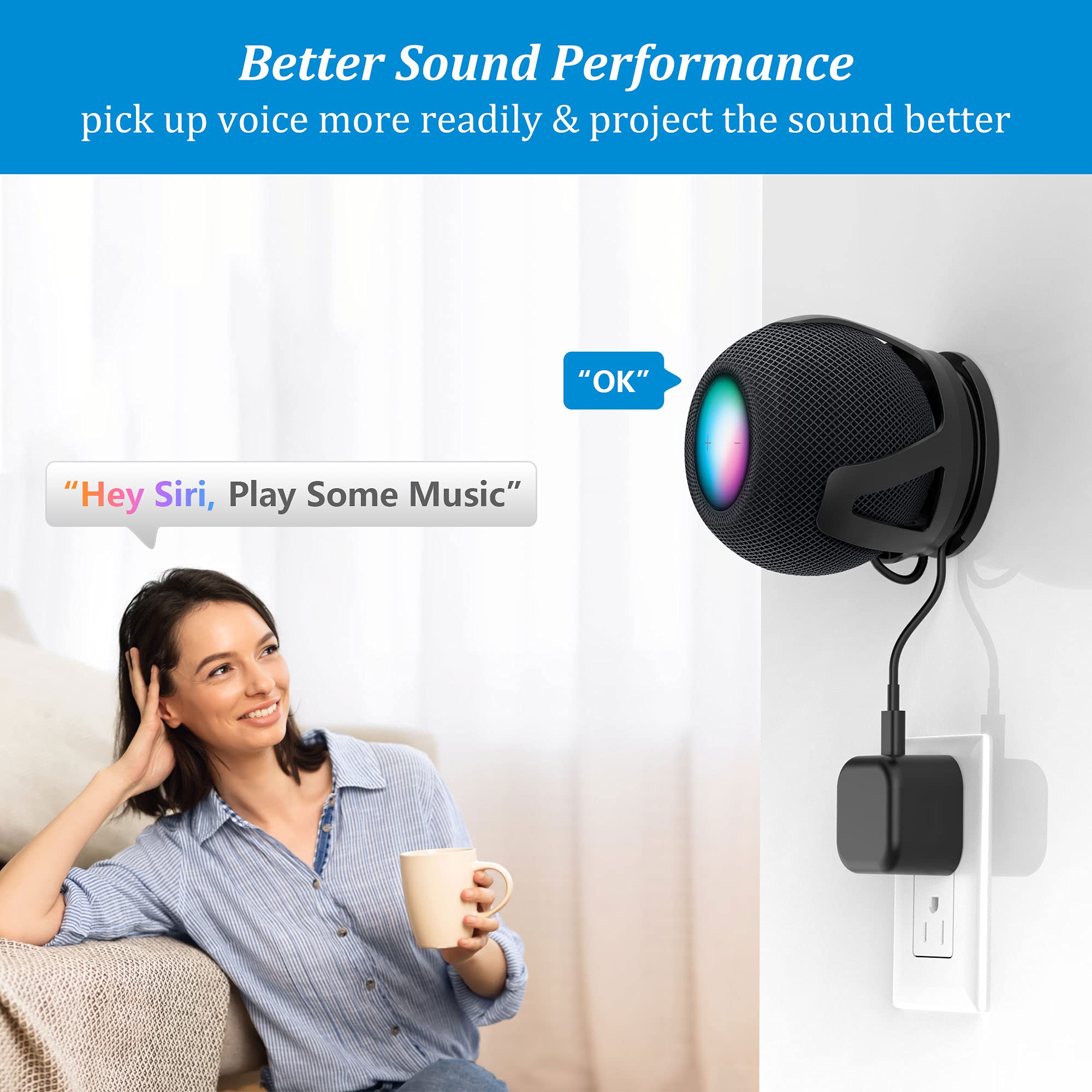 Plusacc For Homepod Mini Wall Mount - Holder Mount Compatible With Homepod Mini, No Muffled Sound, With Cord Management, Space S