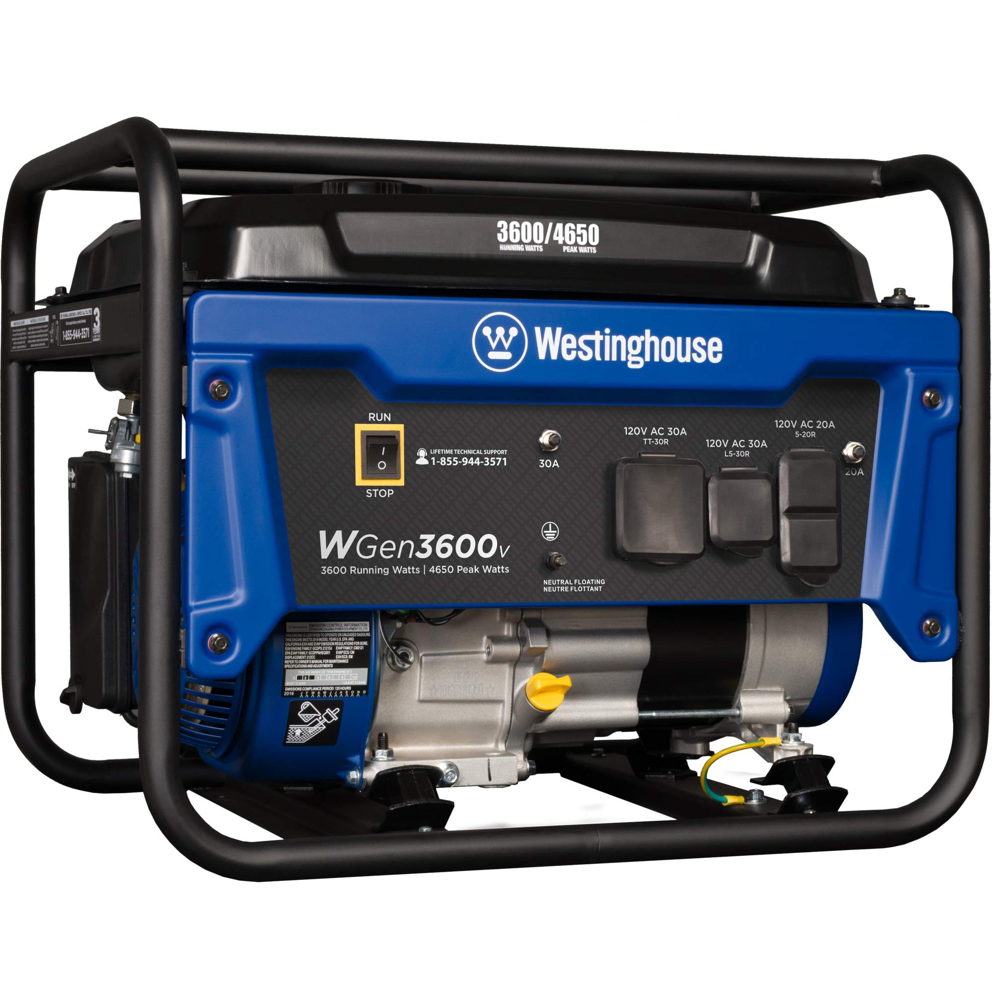 Westinghouse Wgen3600 Portable Generator, 4650 Peak Watts & 3600 Rated Watts, Rv Ready 30A Outlet, Wheel & Handle Kit, Gas Power