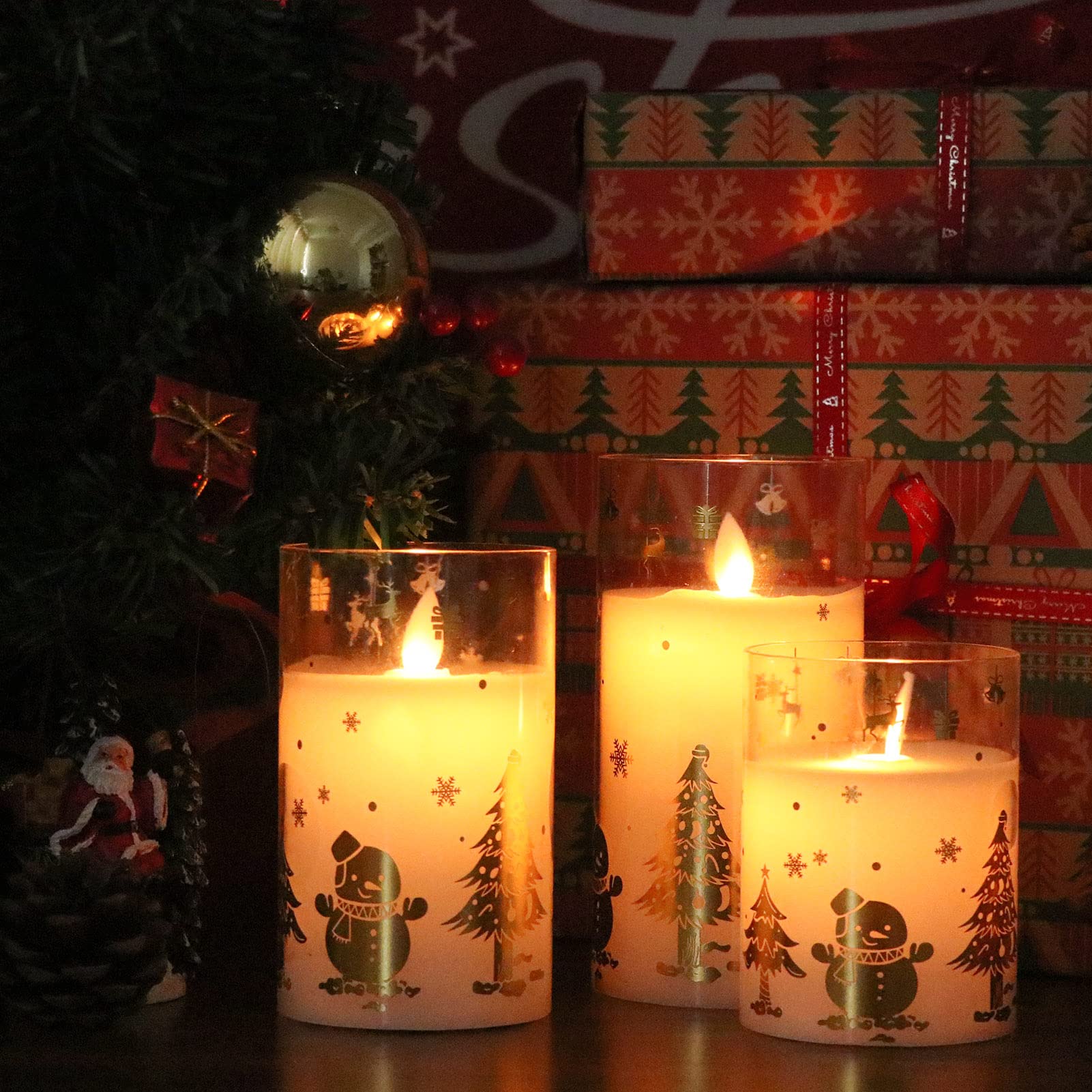 Dromance Christmas Battery Operated Flameless Candles Flickering Remote And Timer Glass Led Pillar Candles Moving Wick Real Wax