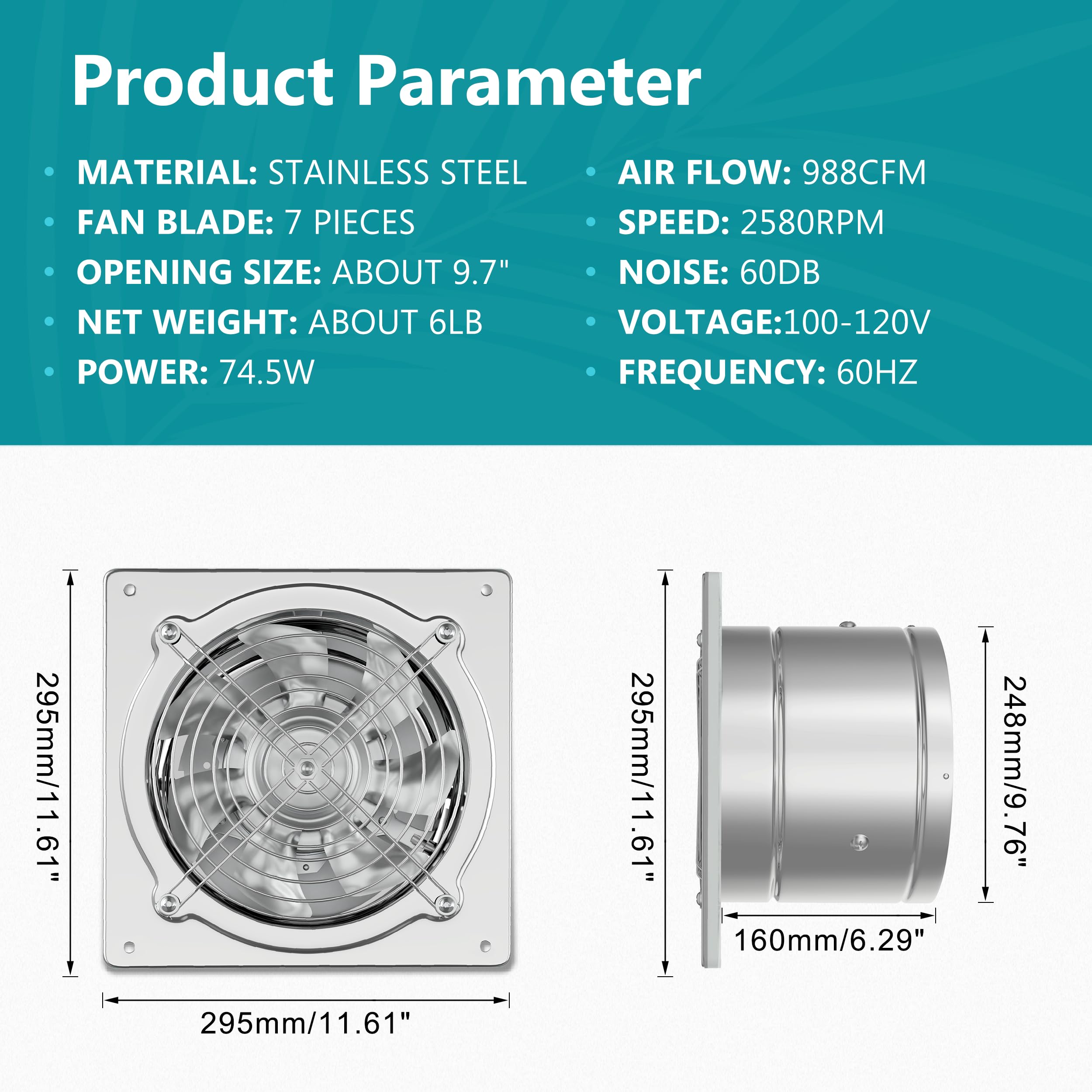 Hg Power 10 Inch Metal Exhaust Fan With Switch, Powerful Garage Exhaust Fan With Damper, Potable Wall Mount Fan Fume Extractor V