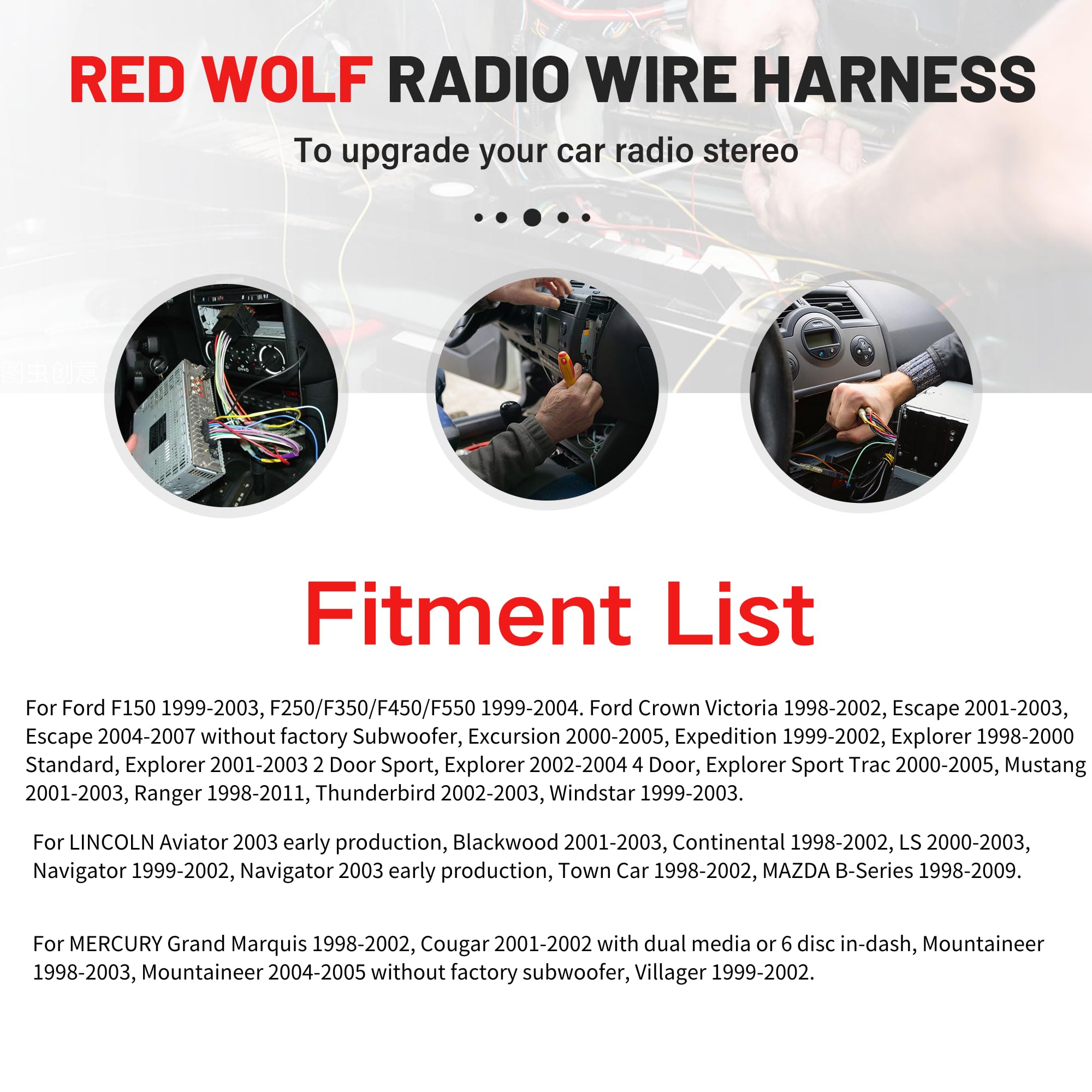Red Wolf Car Radio Wiring Harness Connector For Ford 1999 2006 F150/F250 Ranger Explorer Escape, 1998 2005 Lincoln Mercury Stereo Wire Cable Plug Install Aftermarket Cd Player Receiver