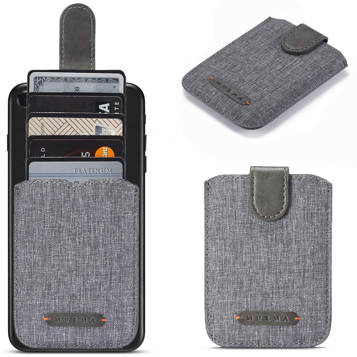 Biajiya Card Holder For Back Of Phone Rfid 5 Pull Credit Card Cash Cell Wallet Pocket Canva Leather Case For Smartphones (Grey)
