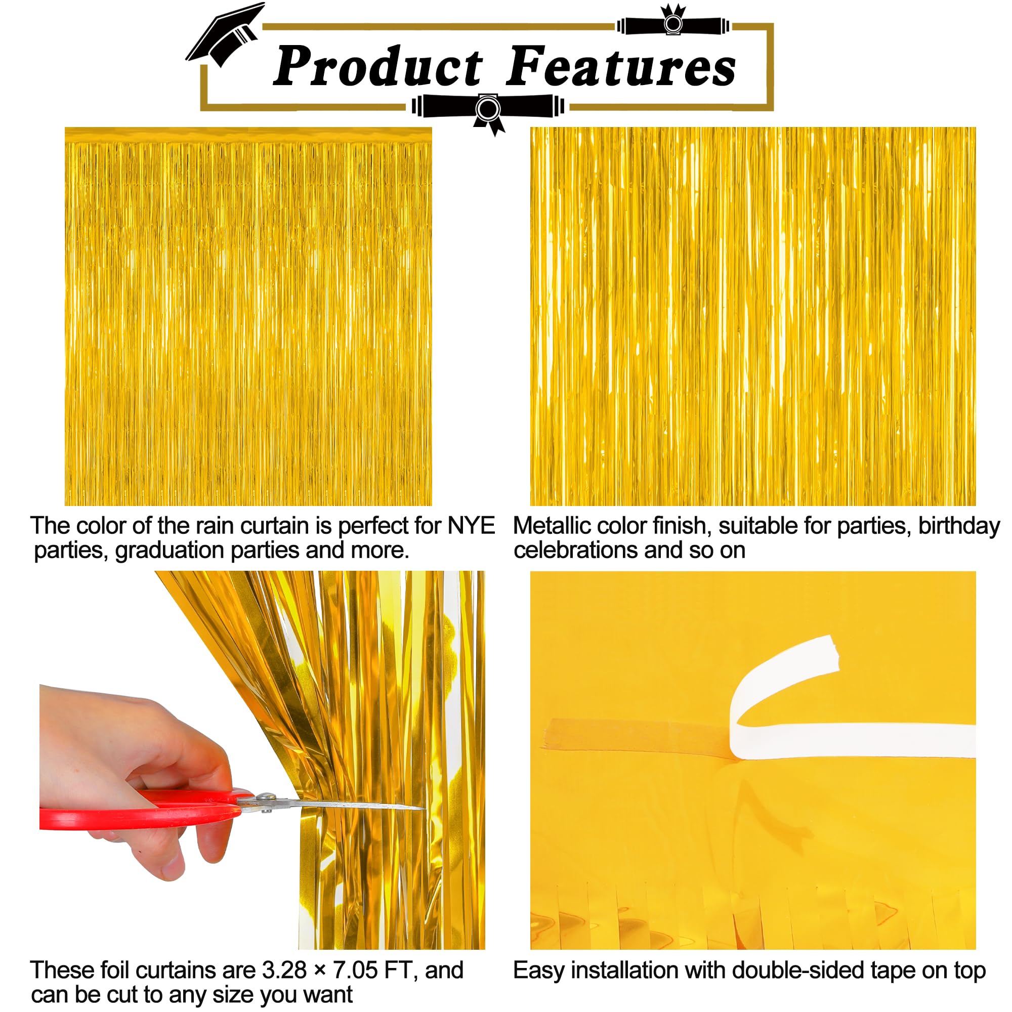 12 Pack 2025 Graduation Decorations, 3.28 Ft X 7.05 Ft Gold Backdrop Curtains, Metallic Class Of 2025 Backdrop Fringe Curtains F