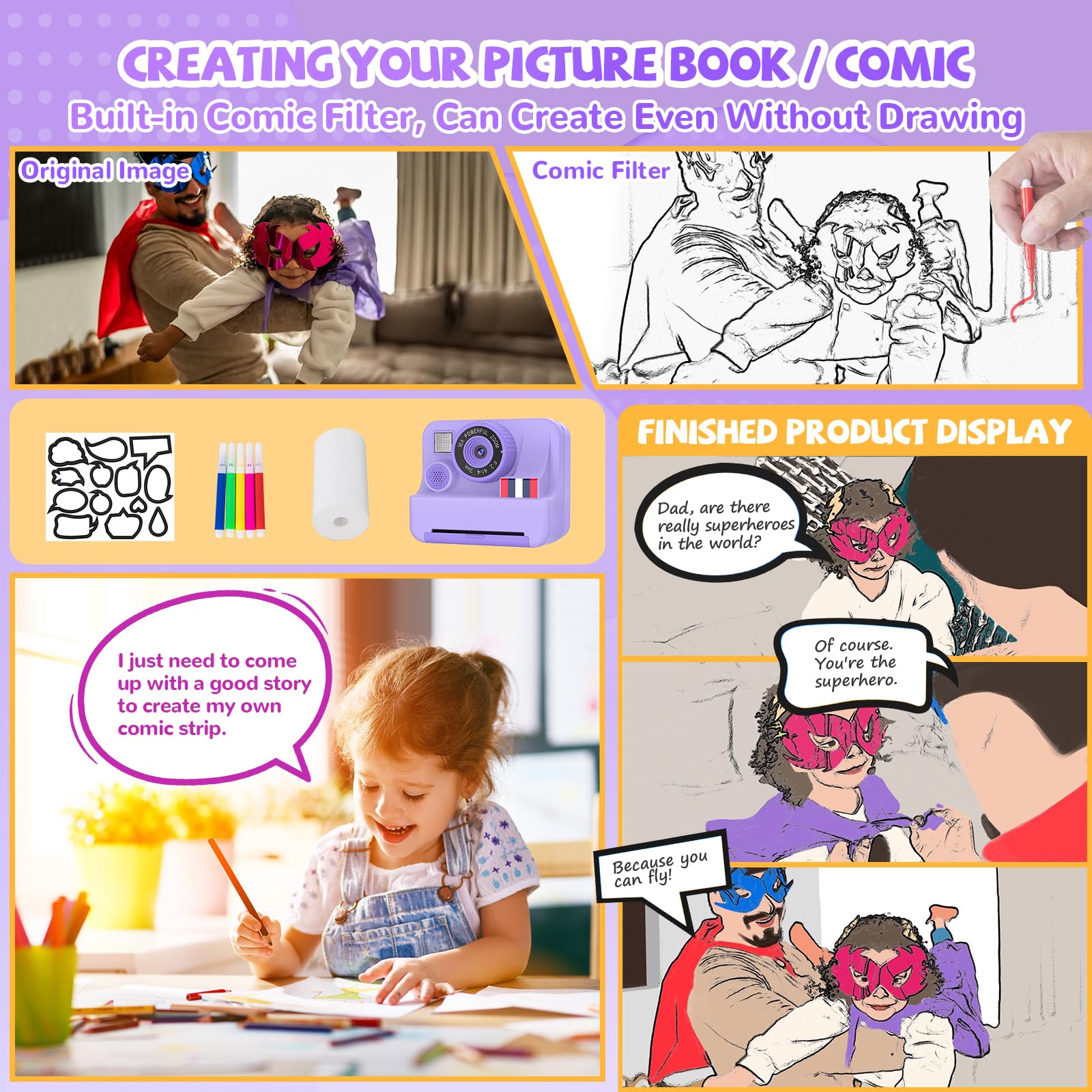 Yosfeng Instant Print Camera For Kids   Christmas Birthday Girls Gifts For Age 3 4 5 6 7 8 9 10 Year Old, 2.4 Inch Screen Kids I