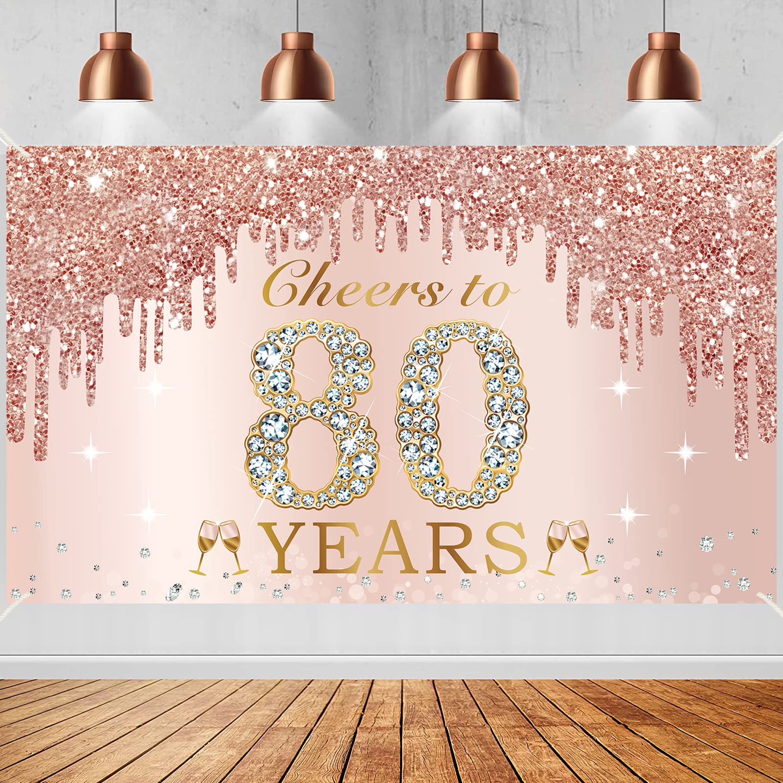 Large Cheers To 80 Years Birthday Decorations For Women, Pink Rose Gold Happy 80Th Birthday Banner Backdrop Party Supplies, Eigh
