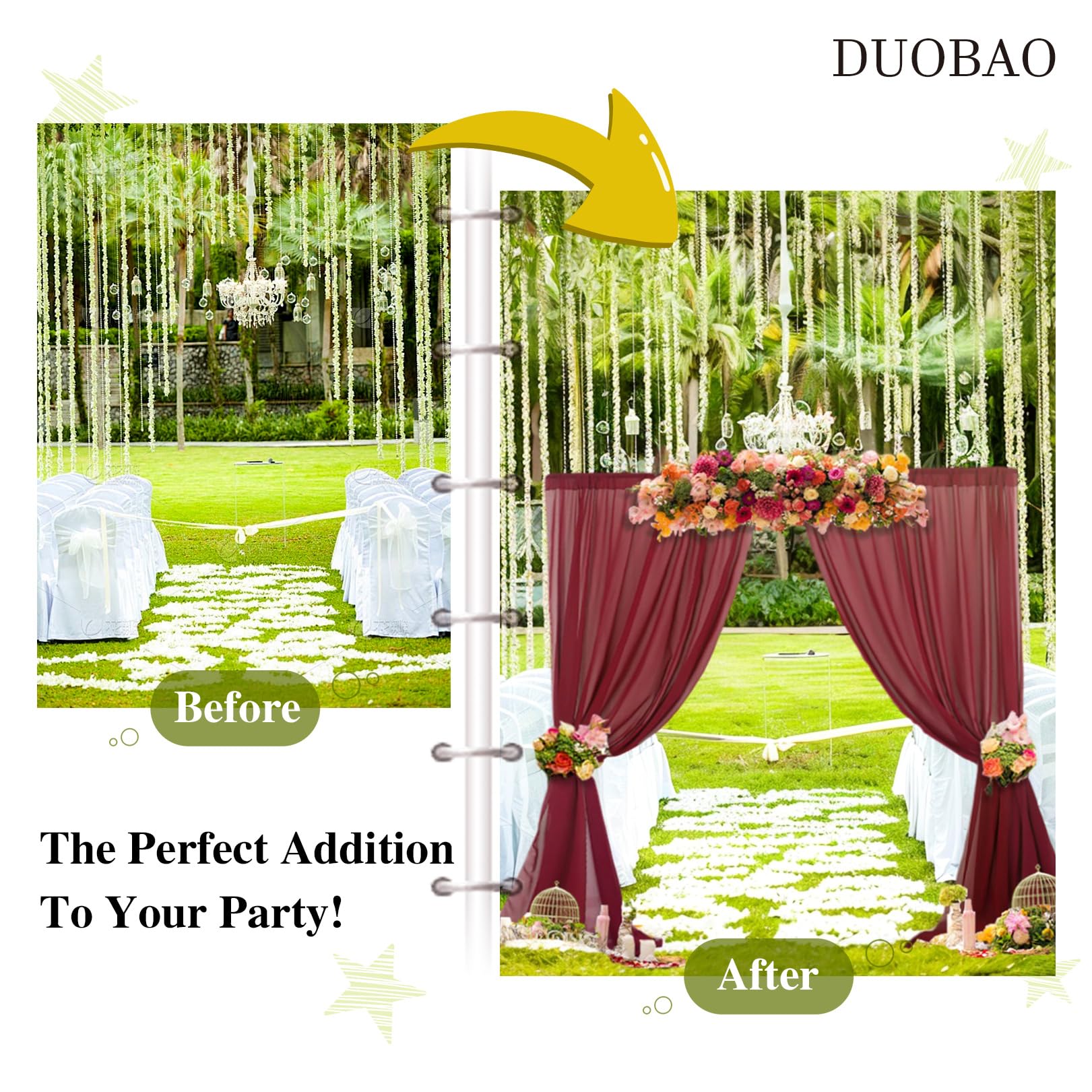 Duobao Burgundy Chiffon Backdrop Curtain 29X108 Inch 2 Panels Sheer Backdrop Semi Sheer Backdrop Curtains 108 Inches Long Burgun