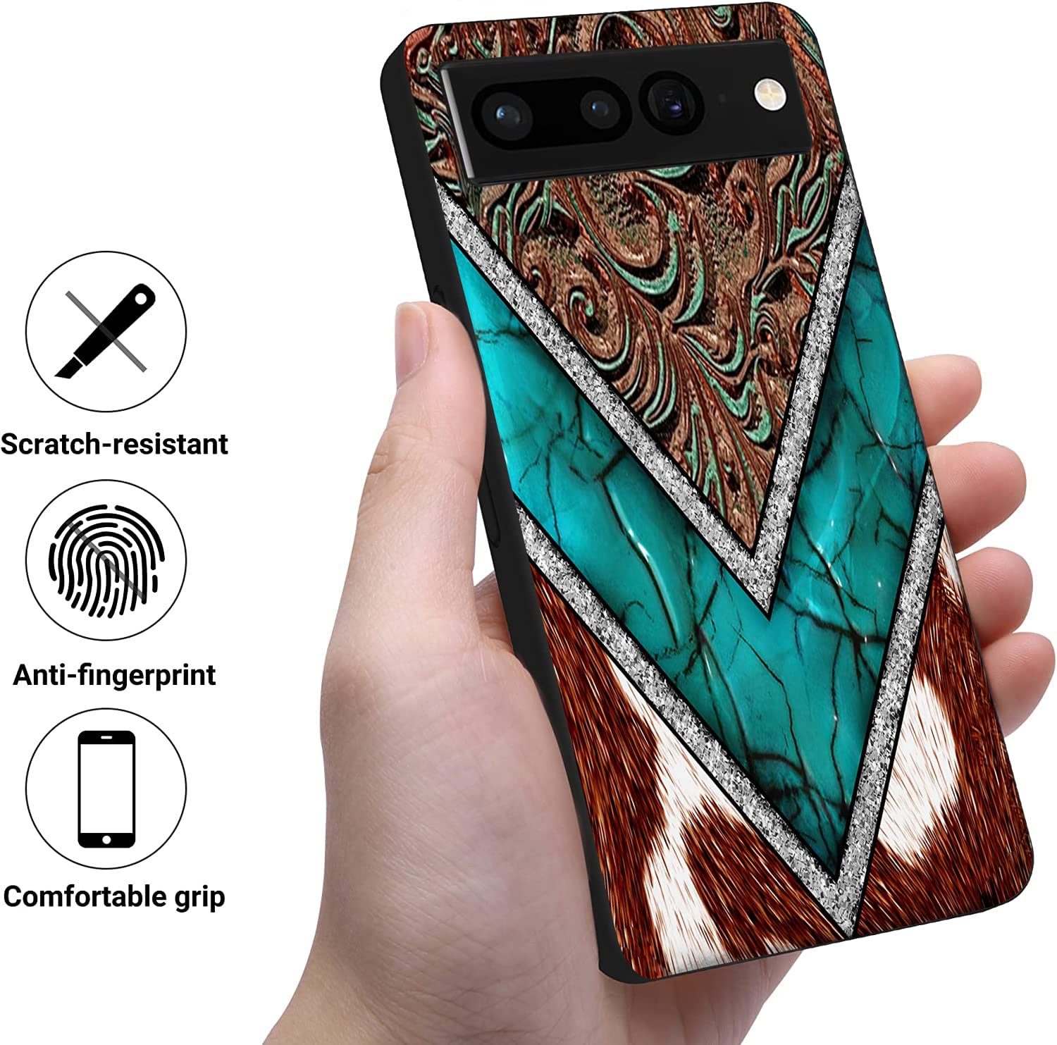 Compatible With Google Pixel 7 Pro Case, Western Cowhide Turquoise And Brown Animal Print Soft Tpu Fashion Cool Slim Shockproof