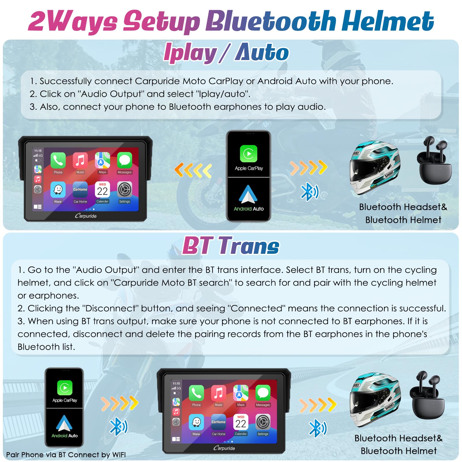 Carpuride W502B Motorcycle Carplay Screen For Bmw R1200Gs R1250Gs S1000Xr Motorcycle, 5 Inch Waterproof Touchscreen, Portable Carplay/Android Auto Gps Navigation For Motorbike, Dual Bluetooth