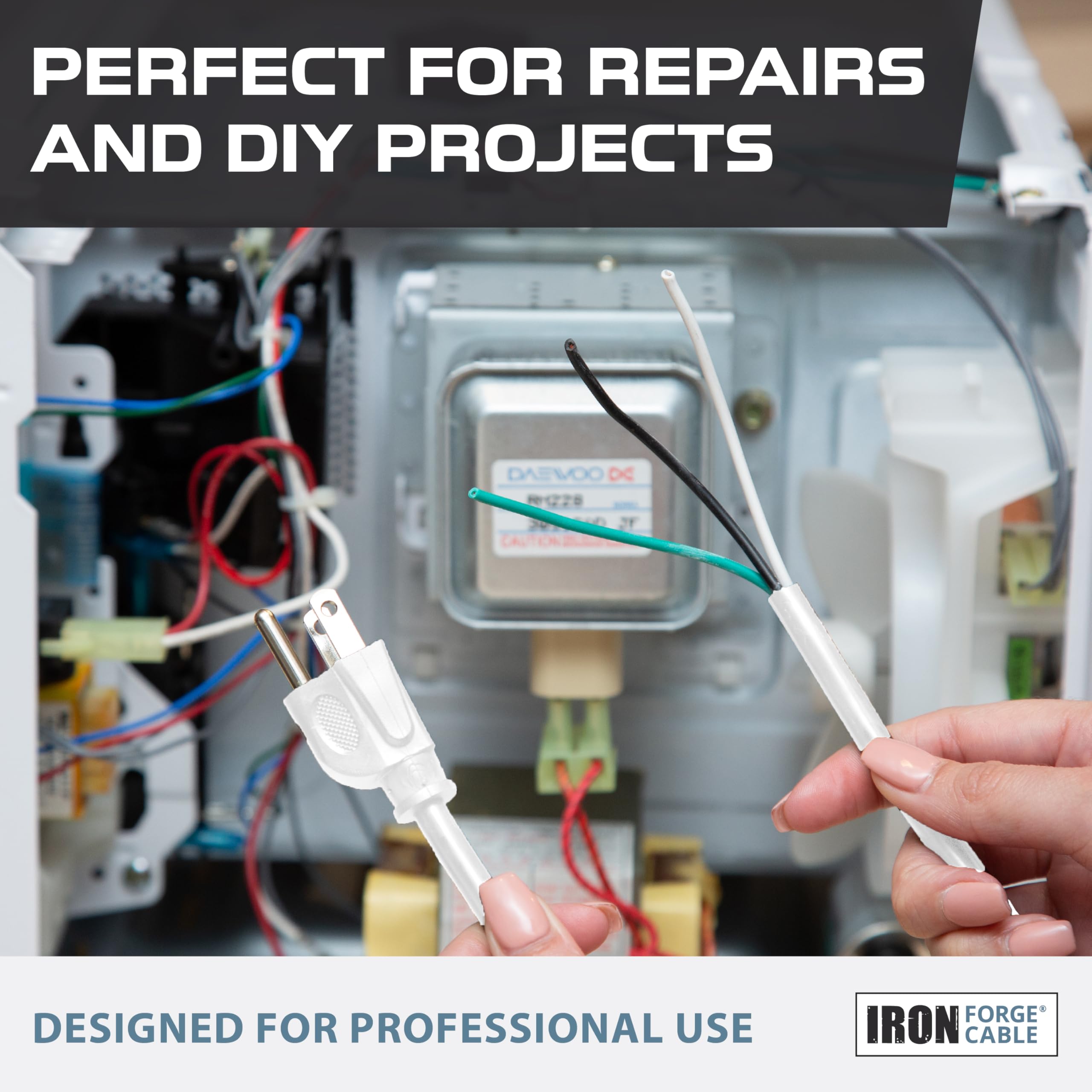 Iron Forge Cable 12 Gauge Power Cord Replacement   10Ft,15 Amp White Heavy Duty Extension Cord, 12/3 Sjt 3 Prong Electric Cable