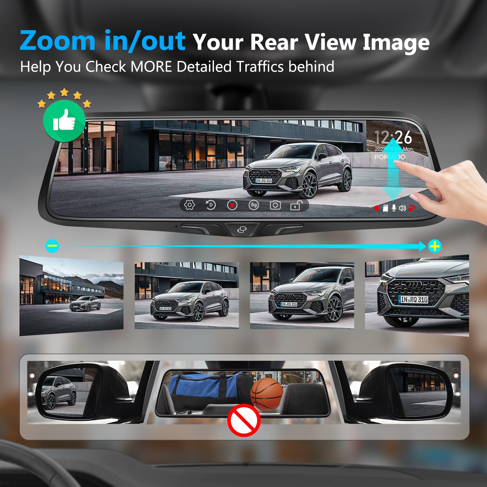 Pormido Oem 2K Rear View Mirror Camera,10' Mirror Dash Cam With Detached Front Backup Camera, Smart Full Touchscreen Rearview Wdr Dashcam With Built In Gps,64Gb Card,Parking Monitor,Night Vision