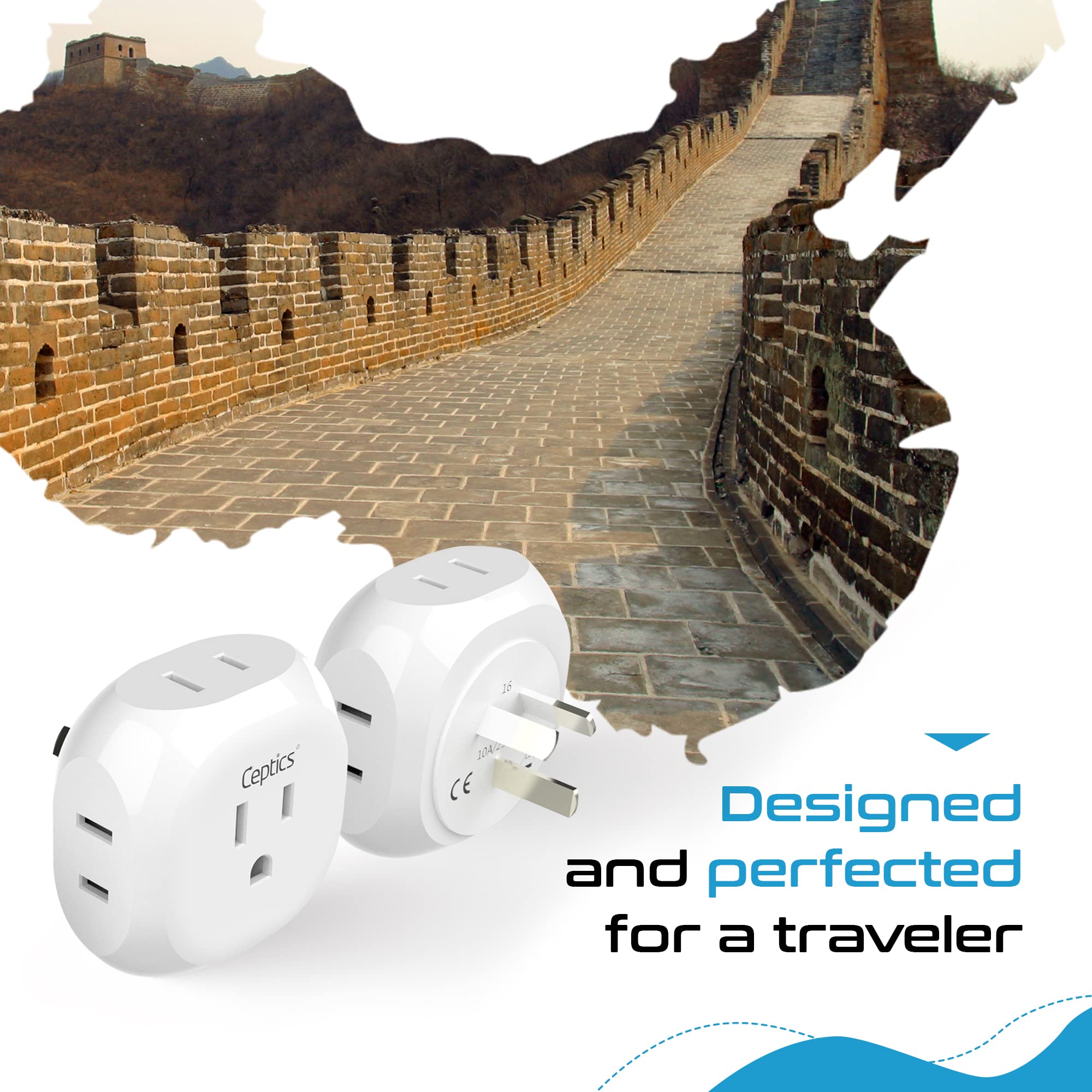 Ceptics Travel Plug Adapter 4 Input USA to Australia New Zealand China Type I PT-16 White