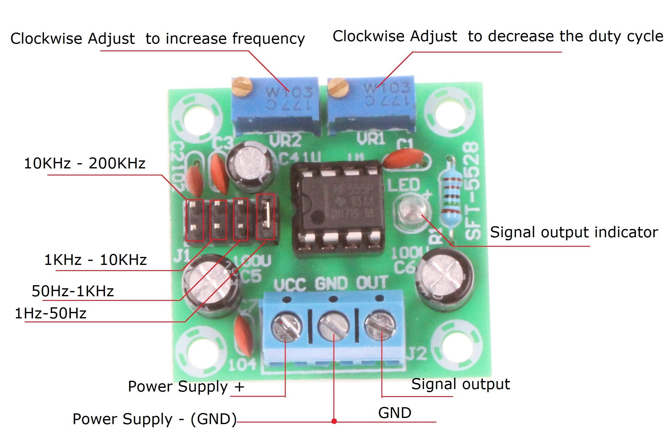 Noyito Ne555 Pulse Module Rectangular Square Wave Signal Generator 1Hz-200Khz Frequency Duty Cycle Adjustable Dc5-15V