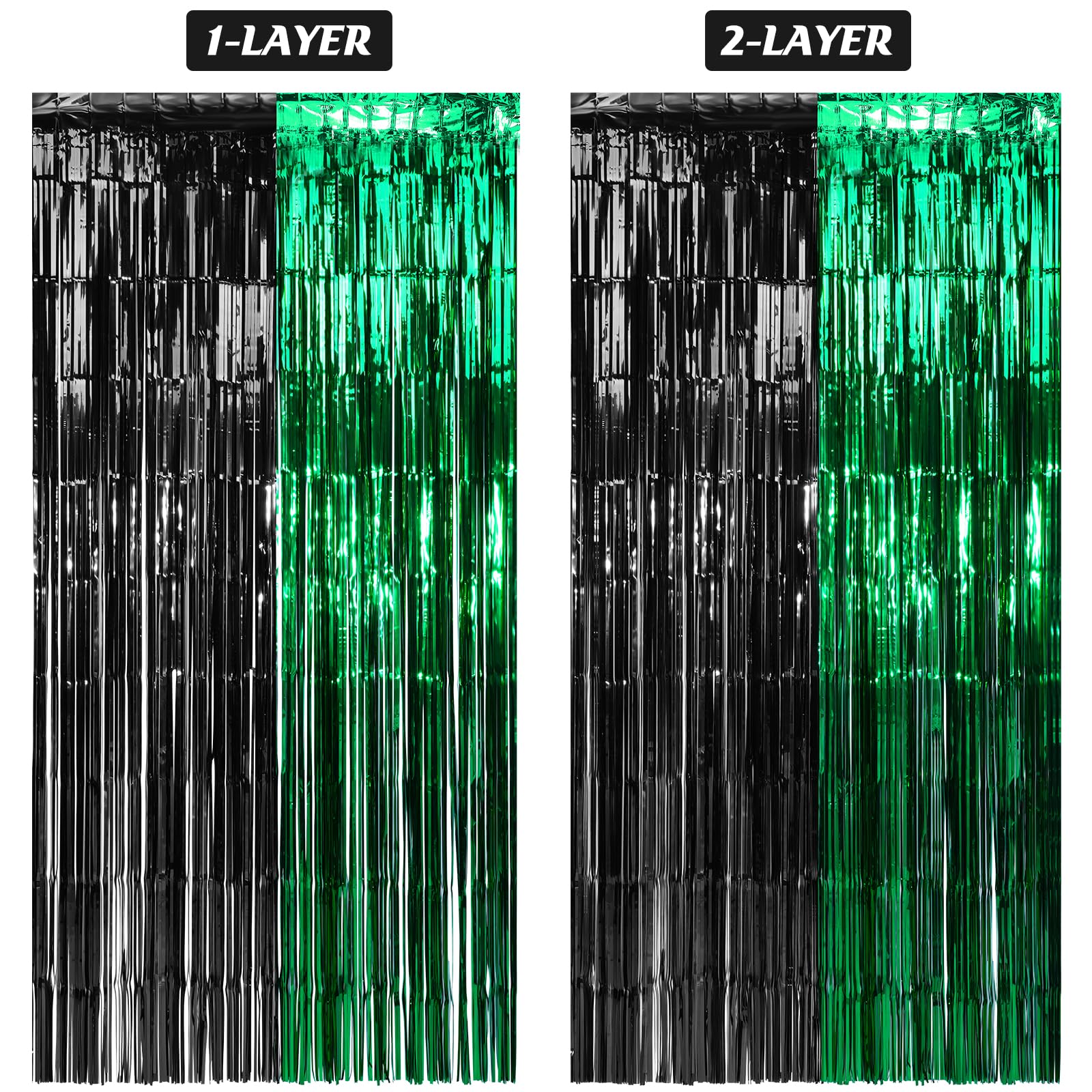 3Pack 3.3Ft X 6.6Ft Graduation Foil Fringe Curtain Backdrop Decorations, Green Black Metallic Tinsel Foil Streamers Curtain Phot