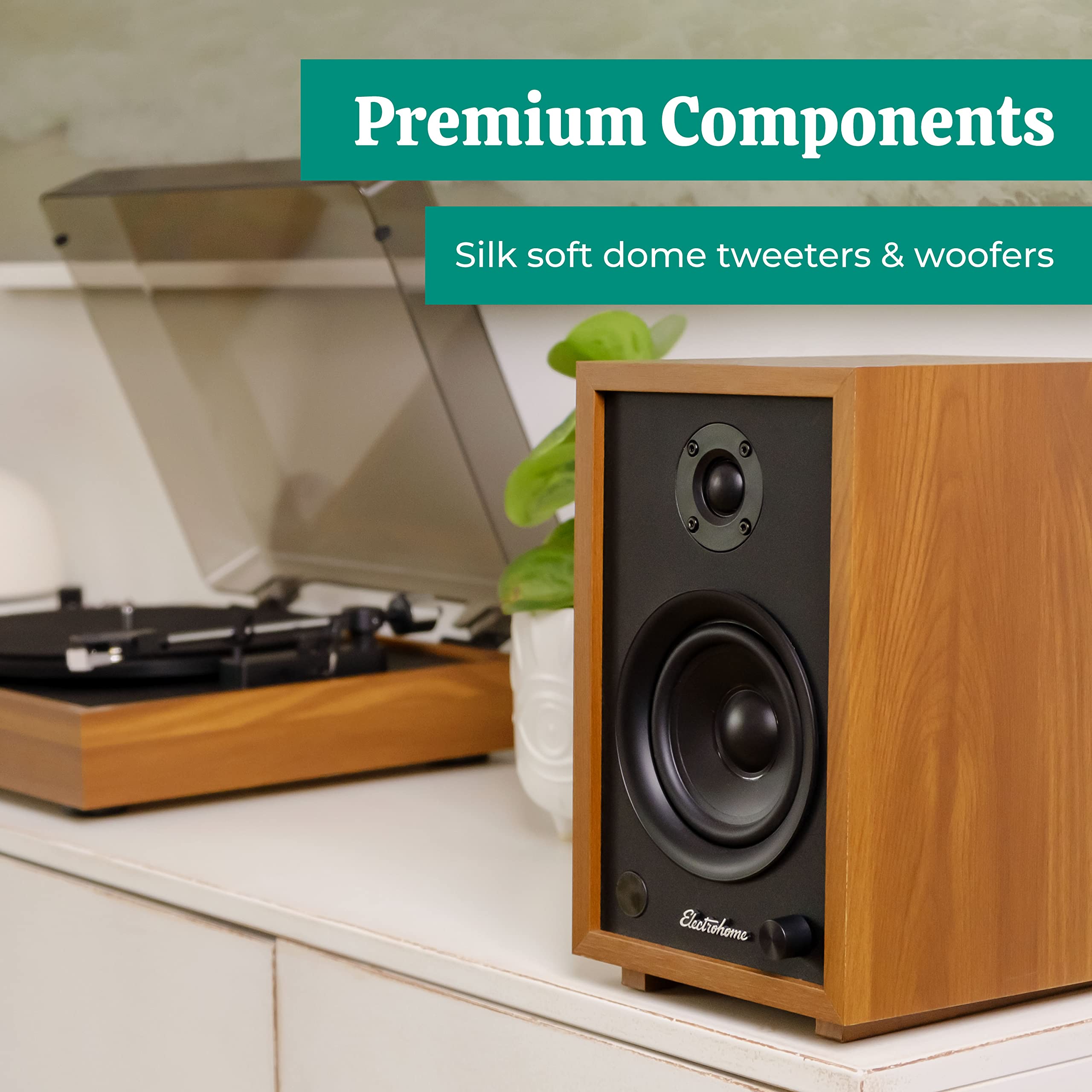 Electrohome Mckinley 2.0 Stereo Powered Bookshelf Speakers With Built In Amplifier And 4'' Drivers For Turntable, Tv, Pc And Wir