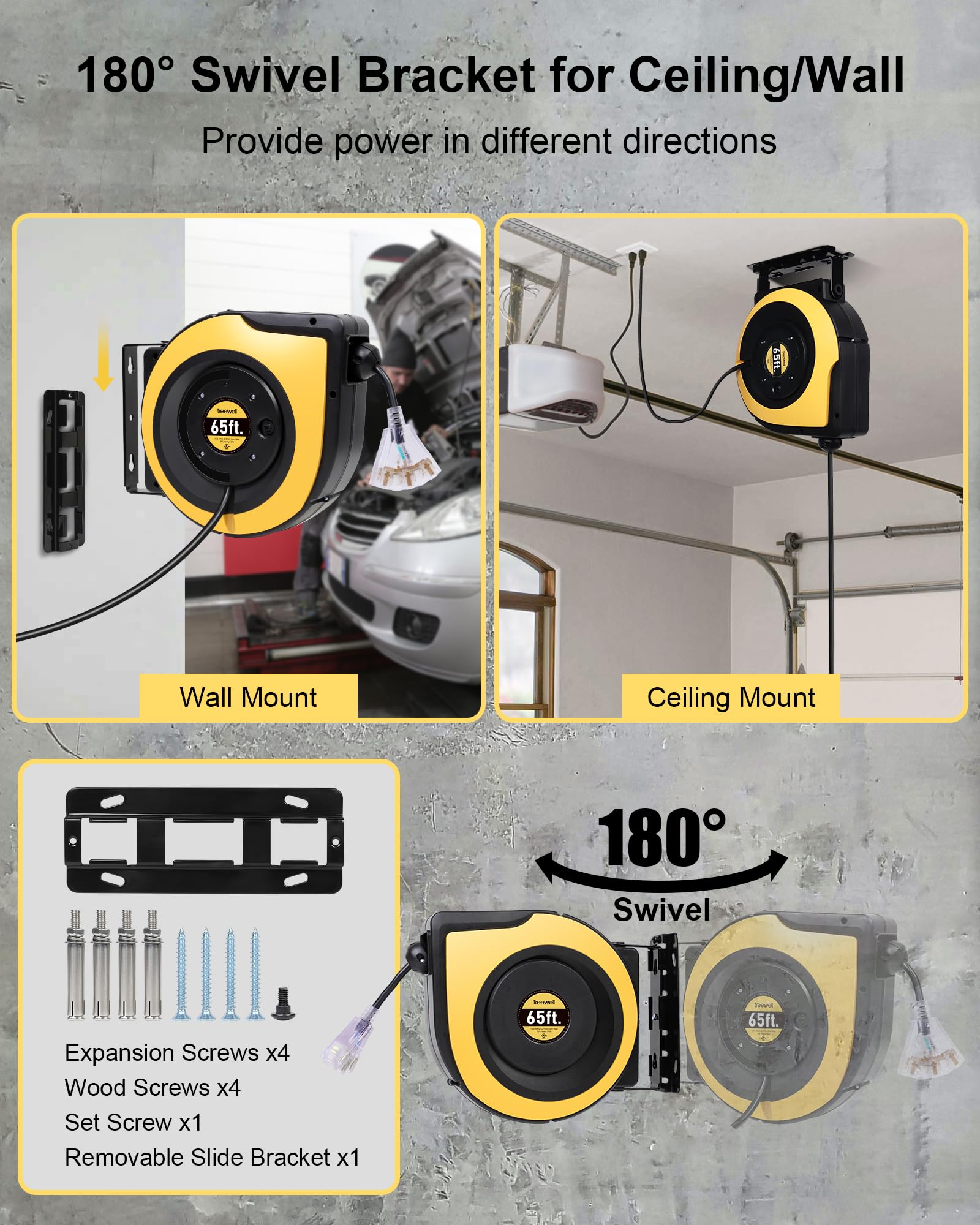 Treewell Retractable Extension Cord Reel, 65Ft 12Awg/3C Sjtow Heavy Duty Power Cord With Lighted Triple Outlets, 15A Circuit Bre