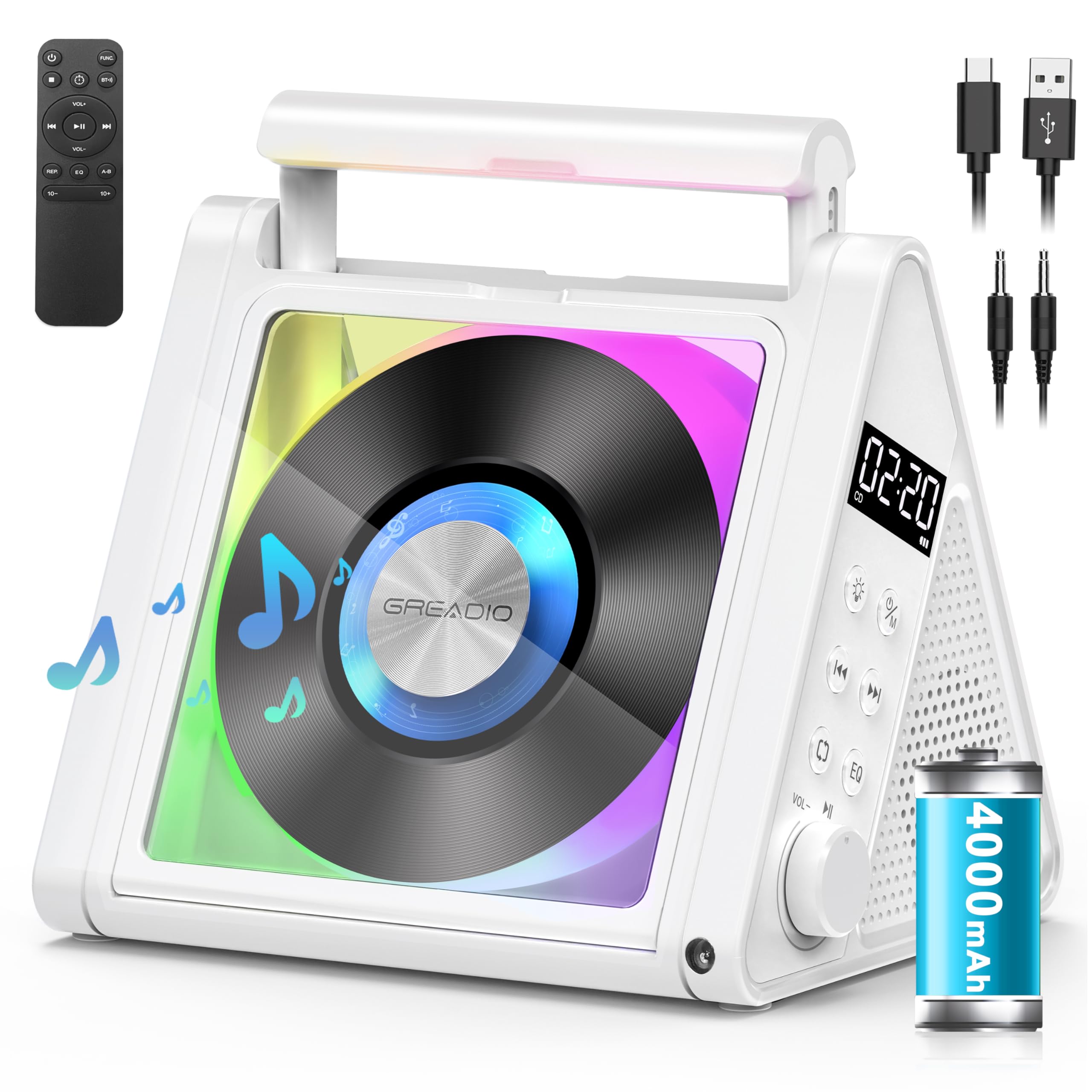 Greadio Portable CD Player with Bluetooth & RGB Colorful Lights, 4000mAh Rechargeable Home & Personal CD Players with Speakers,