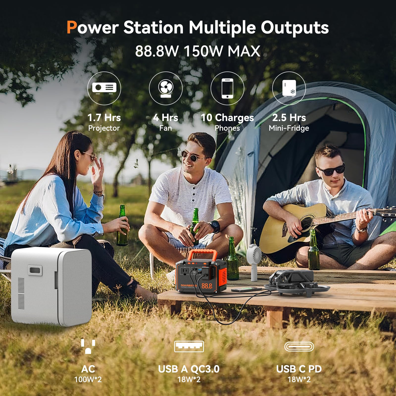 Marbero 88.8Wh Portable Power Station With 30W Solar Panel 150W Peak Camping Solar Generator Power Bank With Ac Outlet(2*Ac,2*Us
