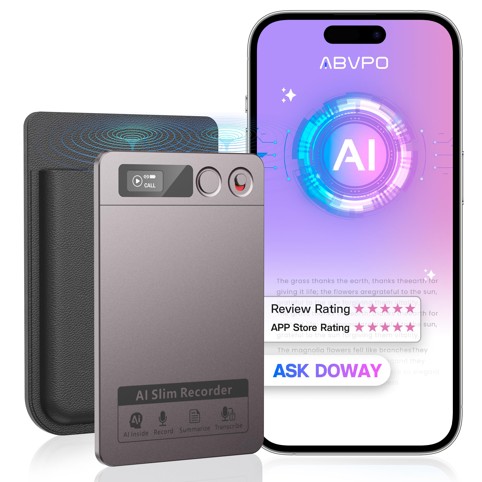 AI Voice Recorder, Transcribe & Summarize, AI Noise Cancellation Technology, Supports 152 Languages, 64GB Memory APP Control Aud