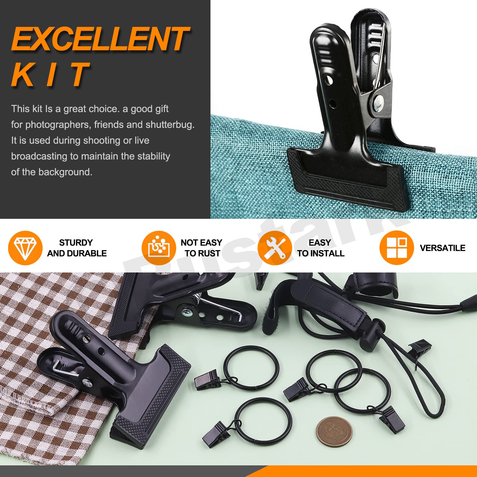 Rustark 22Pcs Backdrop Heavy Duty Spring Clamps Elastic Photo Clips Holder Clips Assortment Kit W Curtain Clips Backdrop Rings M