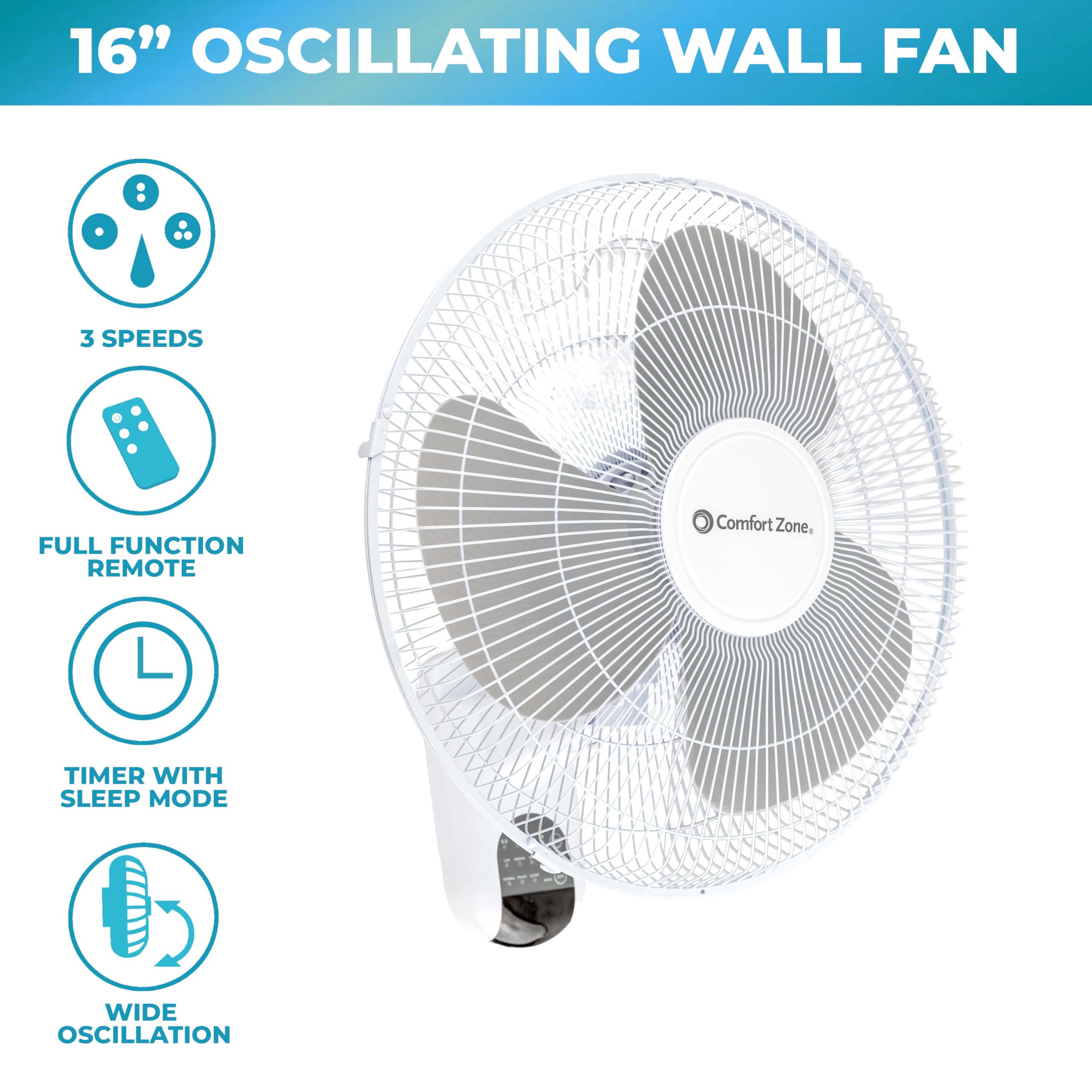 Comfort Zone 16'' Quiet 3 Speed Wall Mount Fan With Remote Control, Timer And Adjustable Tilt, Ideal For Home, Bedroom, Gym & Of