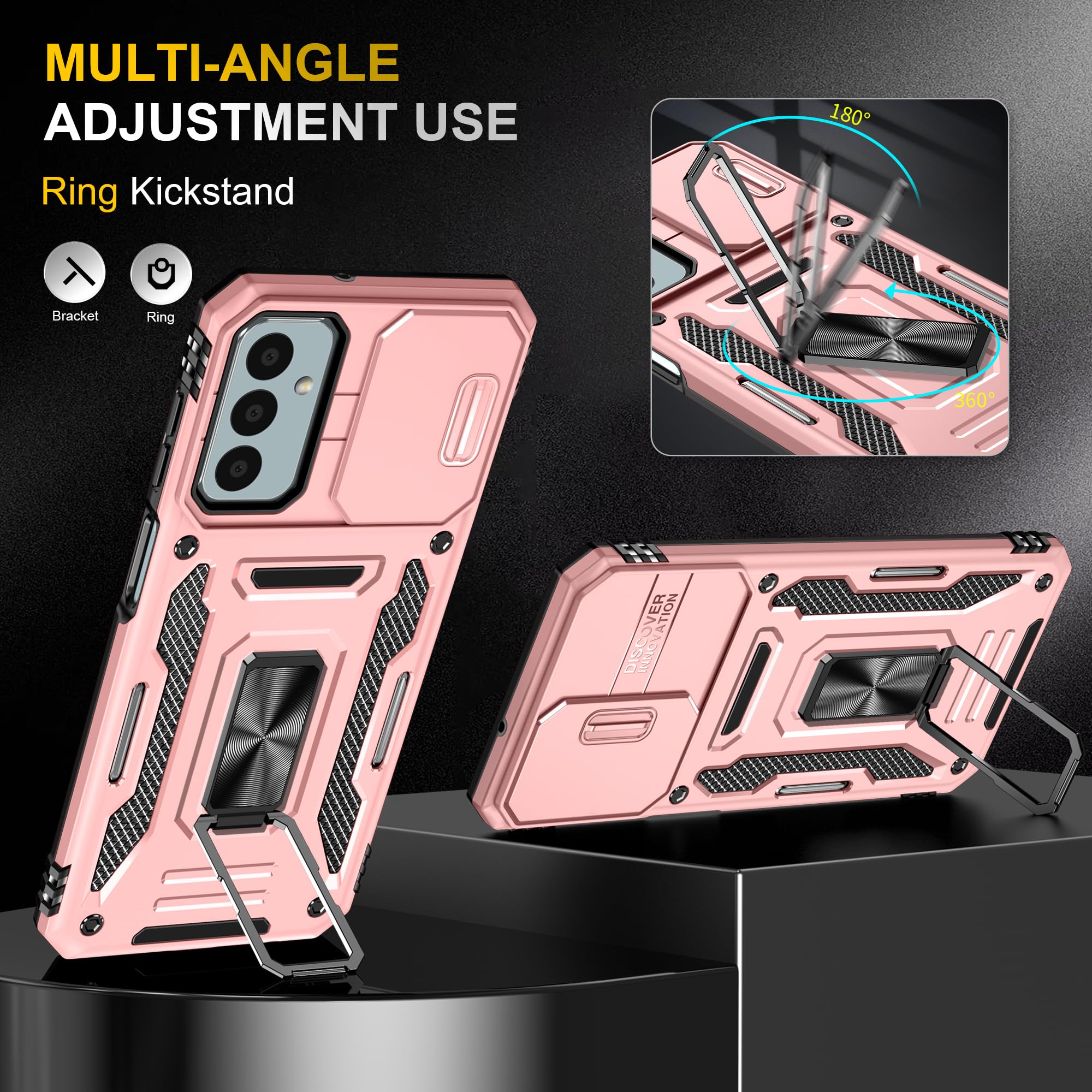 Ezanmull For Samsung Galaxy A15 5G Case With Slide Camera Cover + Screen Protector(2 Packs), Rotated Ring Kickstand Military Gra