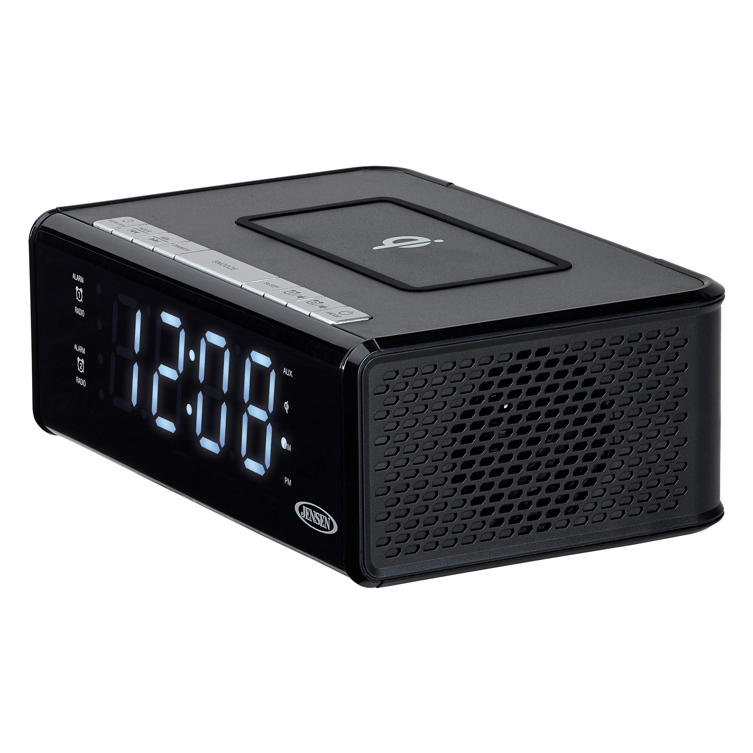 Jensen Qicr-200 Dual Alarm Clock Radio With Qi Charging, White, 9.40In. X 5.00In. X 3.00In.