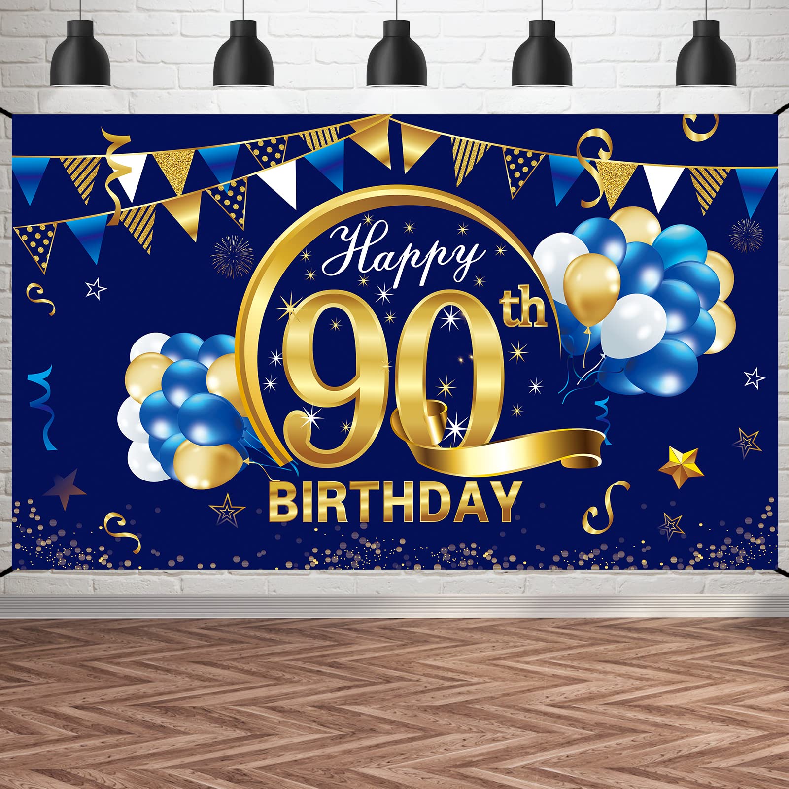 Kauayurk Happy 90Th Birthday Banner Decorations For Men   Blue Gold 90 Backdrop Party Supplies Year Old Photo Background Sign De