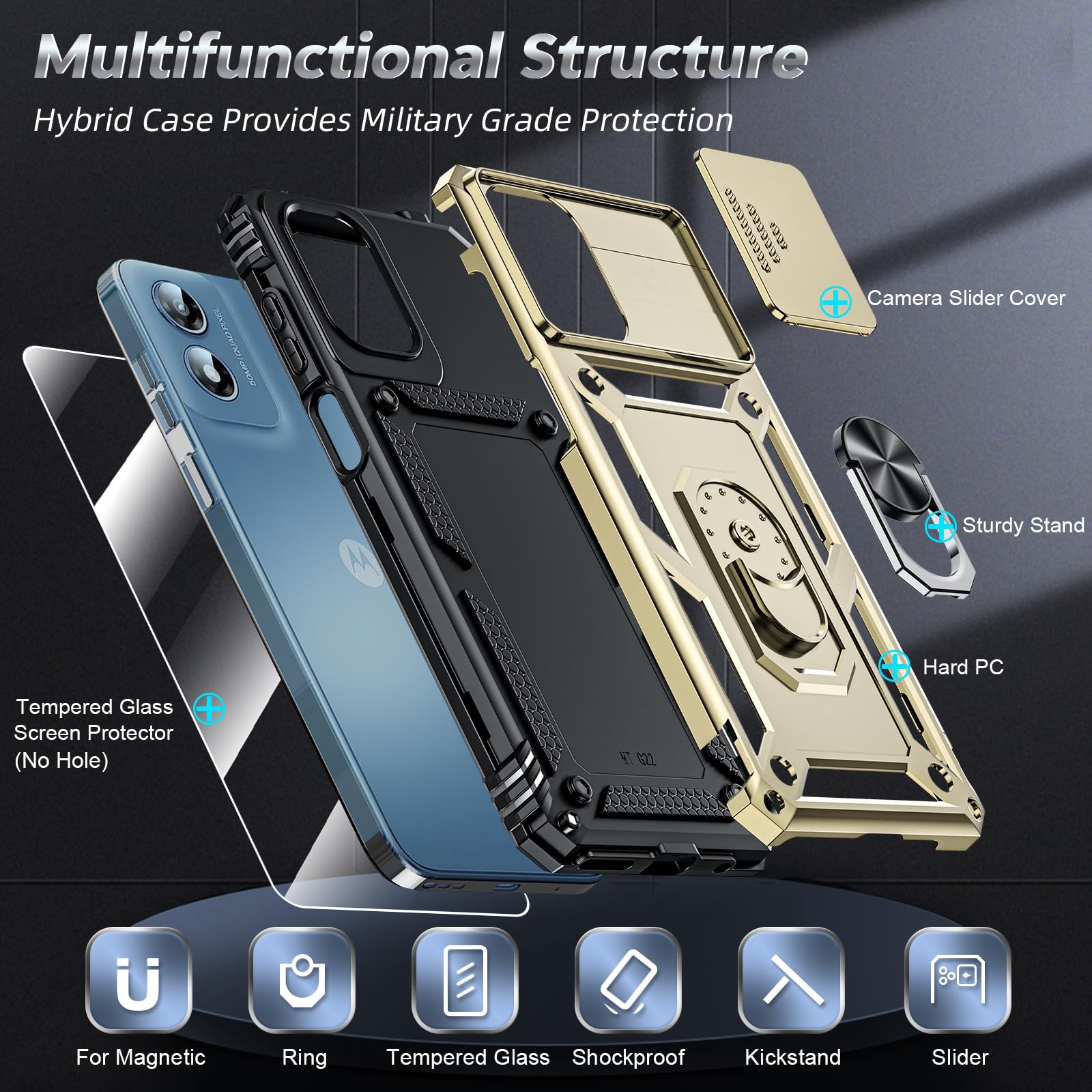 Leyi For Motorola Moto G Play Case 2024, G Play 2024 Case With Slide Camera Cover And Screen Protector, [Military Grade] Android