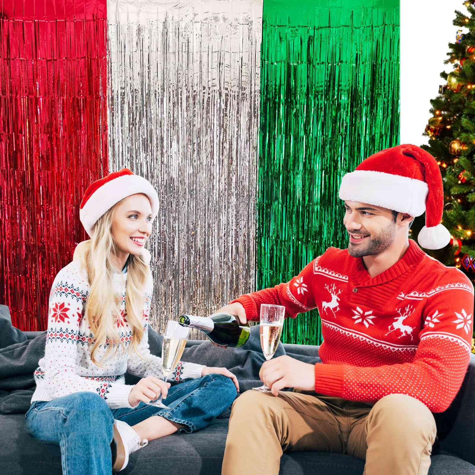 Christmas Foil Fringe Curtain  3 Pack Of 3.2X8.2Ft Red Silver Green Tinsel Fringe Backdrop Streamers For Christmas Ugly Sweater