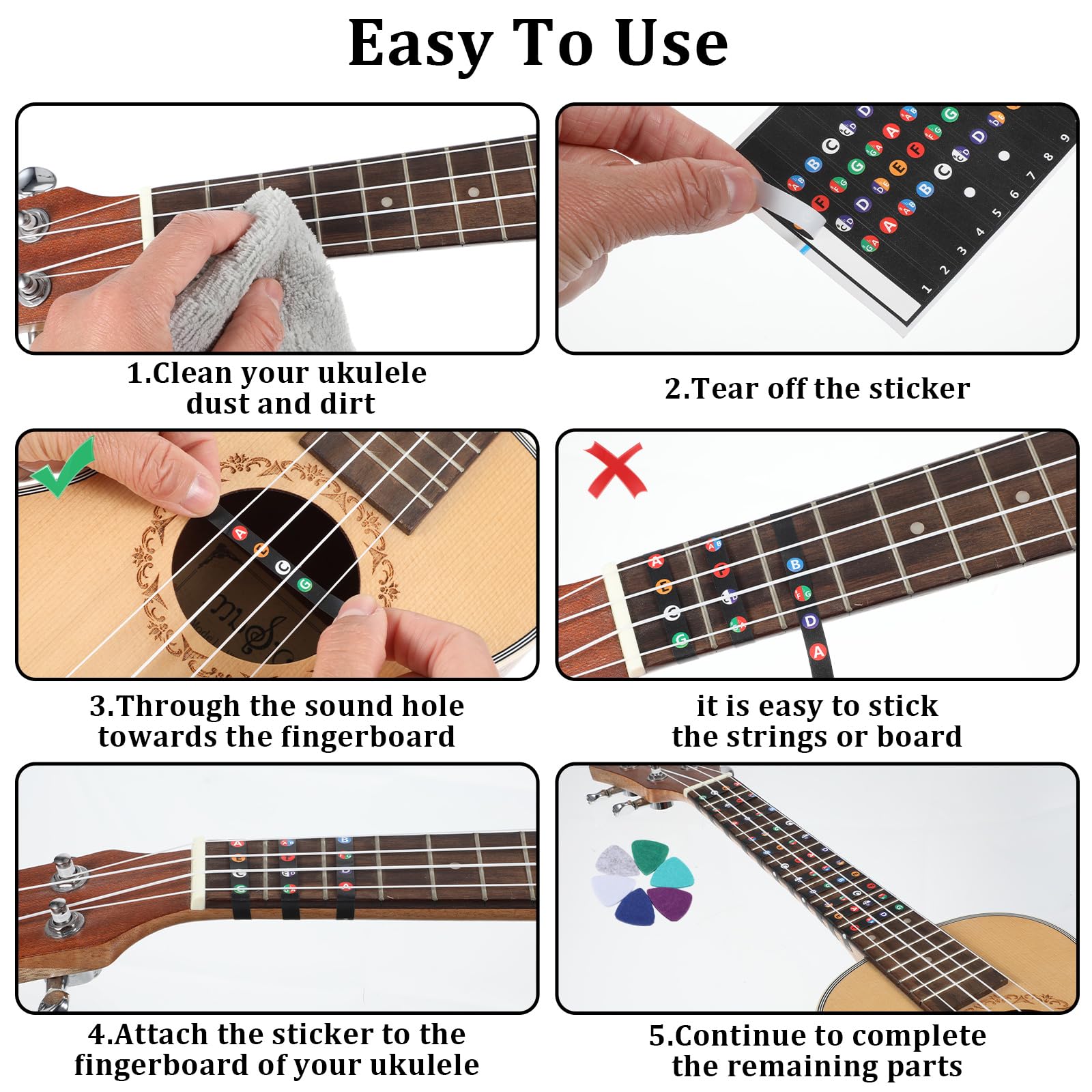Ptwola Ukulele Chord Chart Cheatsheets Laminated Chord Poster Beginner Learner With 2Pcs Colorful Fretboard Coded Note Decal Sti