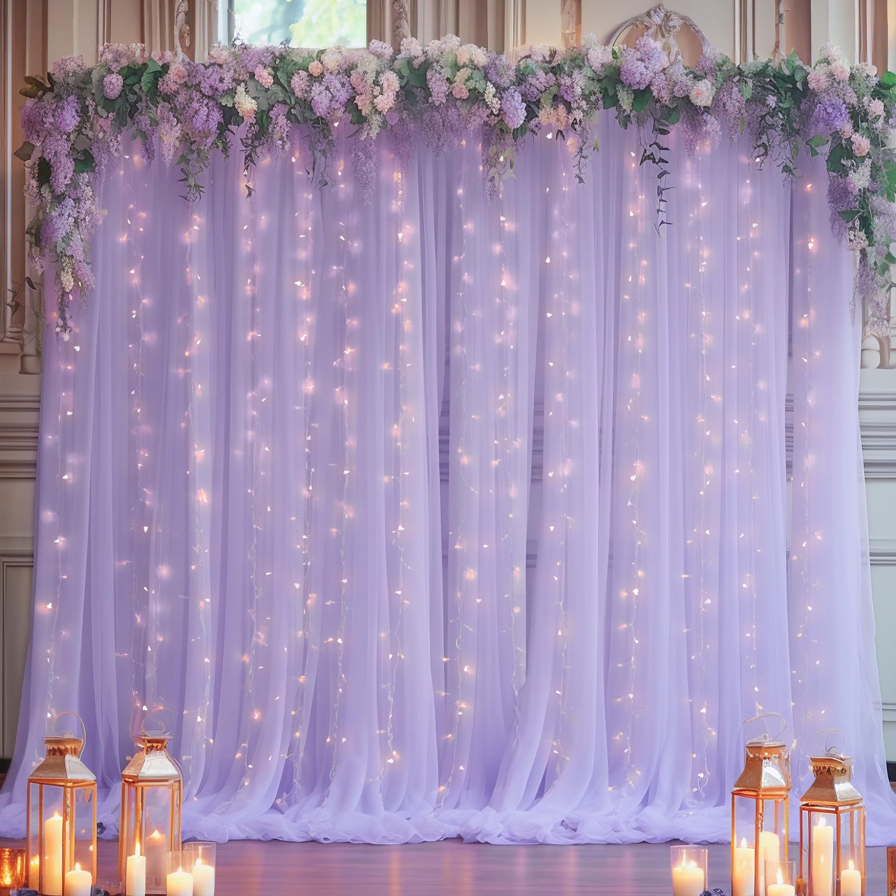 10X10Ft Purple Tulle Backdrop Curtain With Lights String For Parites, Sheer Photo Backdrop Curtains With Lights For Wedding Back