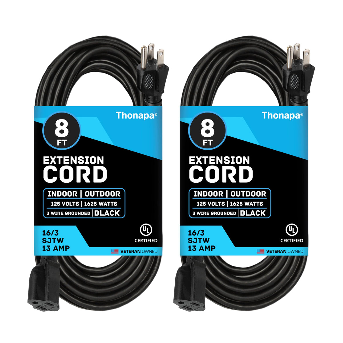 Thonapa Weatherproof Black Extension Cord 8 Ft, 2 Pack, 16/3 Christmas Light Extension Cord Outdoor 8 Foot 3 Prong, 16/3 Sjtw 13