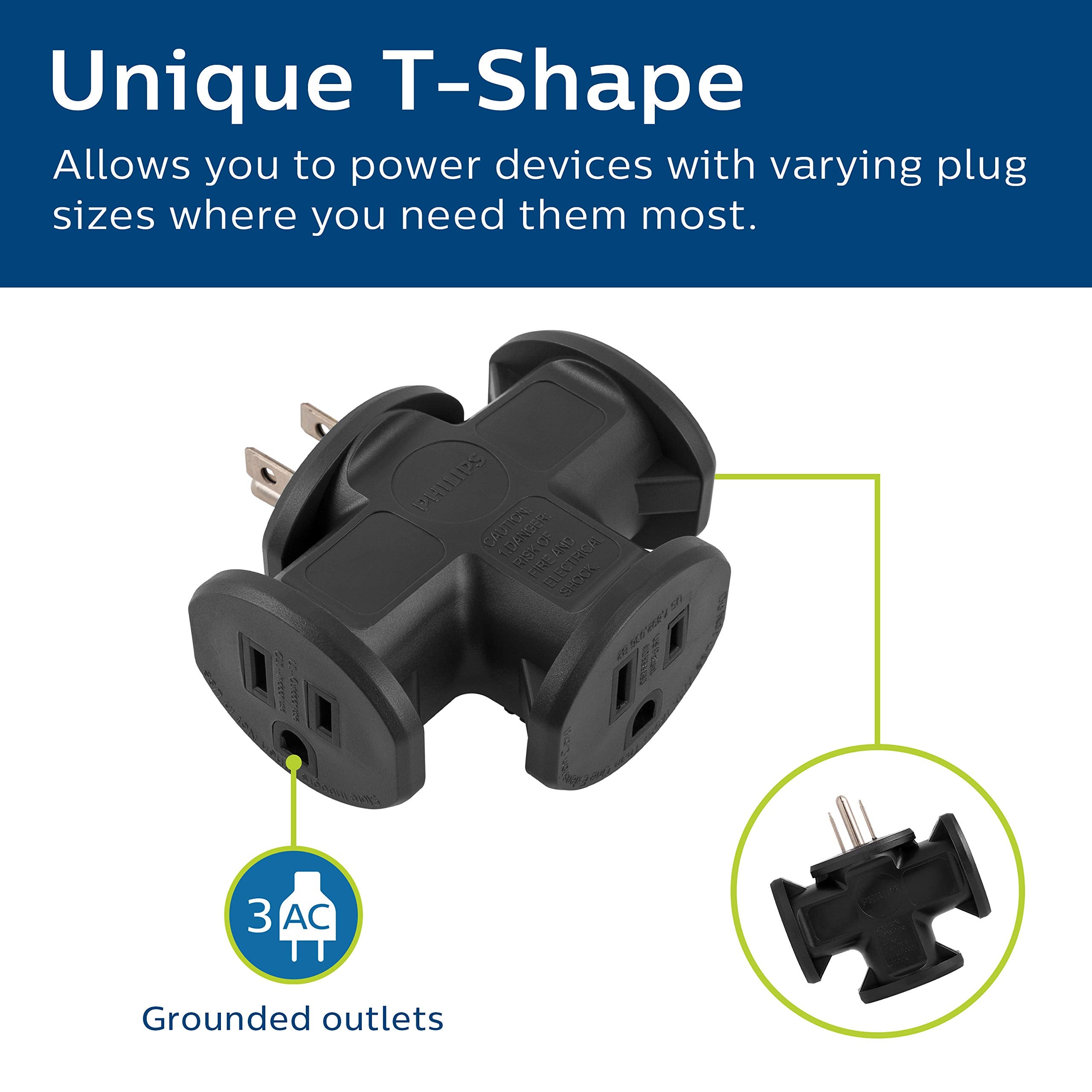 Philips 3 Outlet Extender, T Shaped Adapter Spaced, Grounded Wall Tap, 3 Prong, Multiple Plug, Power Splitter, Cruise Essentials