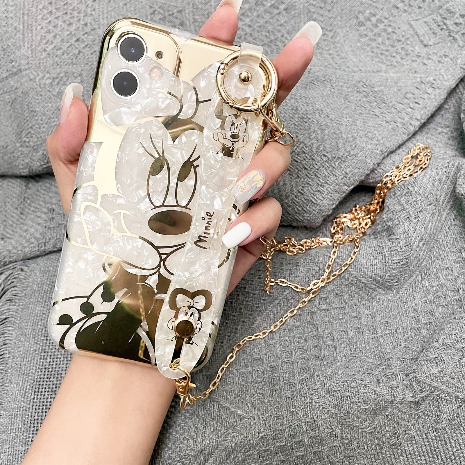 Hosiss Cartoon Case For Iphone 13 6.1 ' 'With Hd Screen Protector, Minnie Mouse With Wrist Strap Kickstand Metal Chain Strap Sof