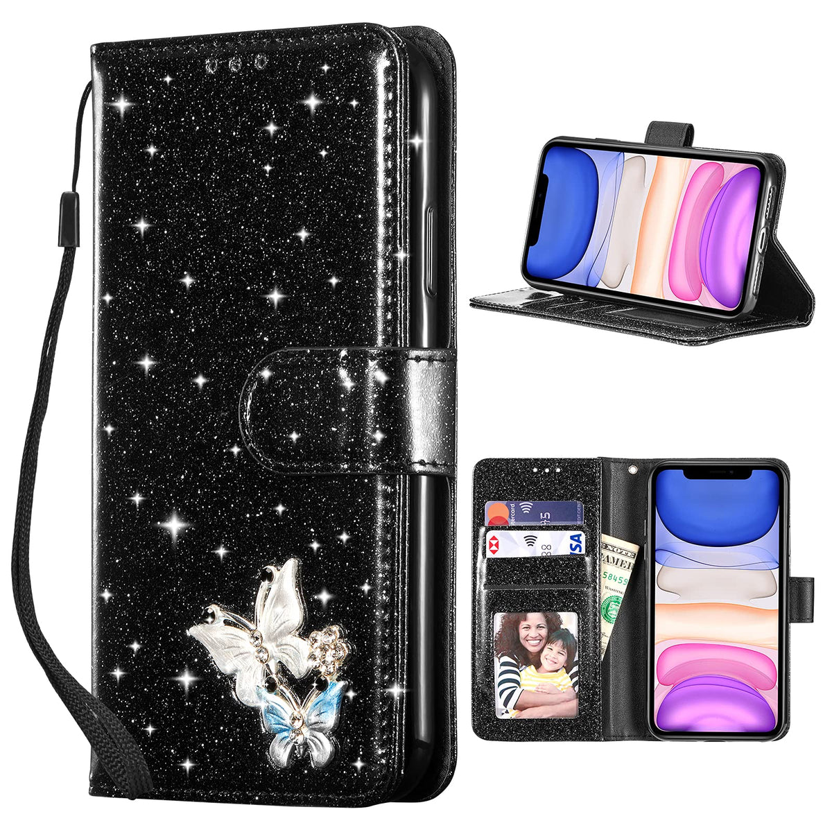 Ueebai Wallet Case For Iphone 14 6.1 Inch, Premium Glitter Pu Leather Phone Case Card Slots Kickstand Case Magnetic Closure Blin