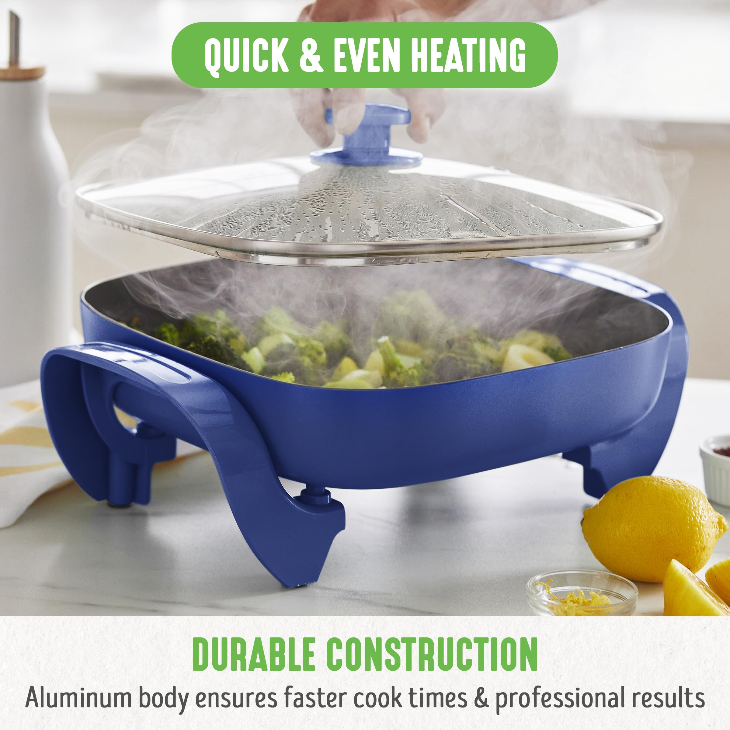 Greenlife 12'' 5Qt Square Electric Skillet, Glass Vented Lid, Ceramic Pfas Free Nonstick Coated Interior, Adjustable Temperature