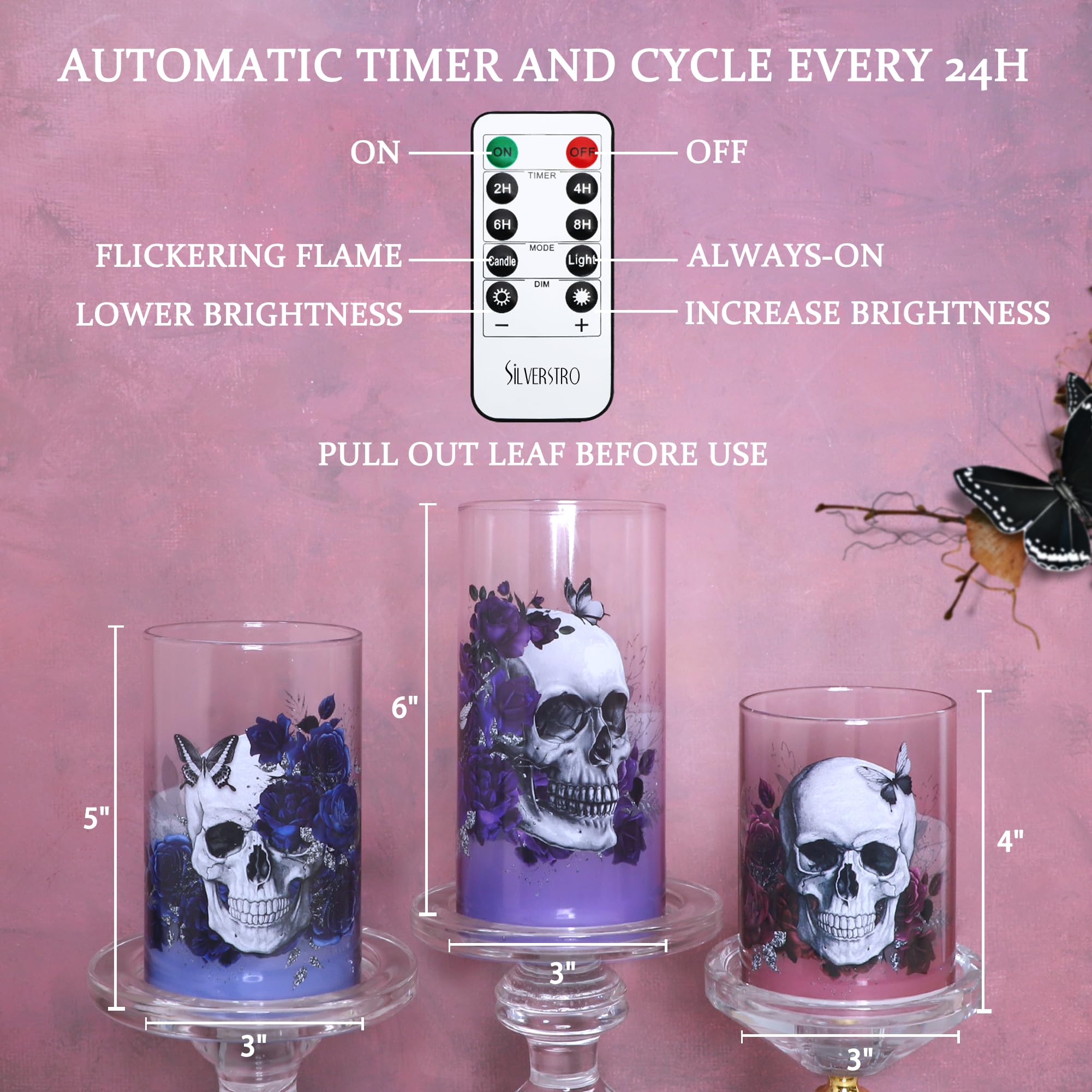 Silverstro Gothic Skull Flameless Candles Set With Remote Control Timer Function, 3-Piece Horror Theme Halloween Decorative Cand