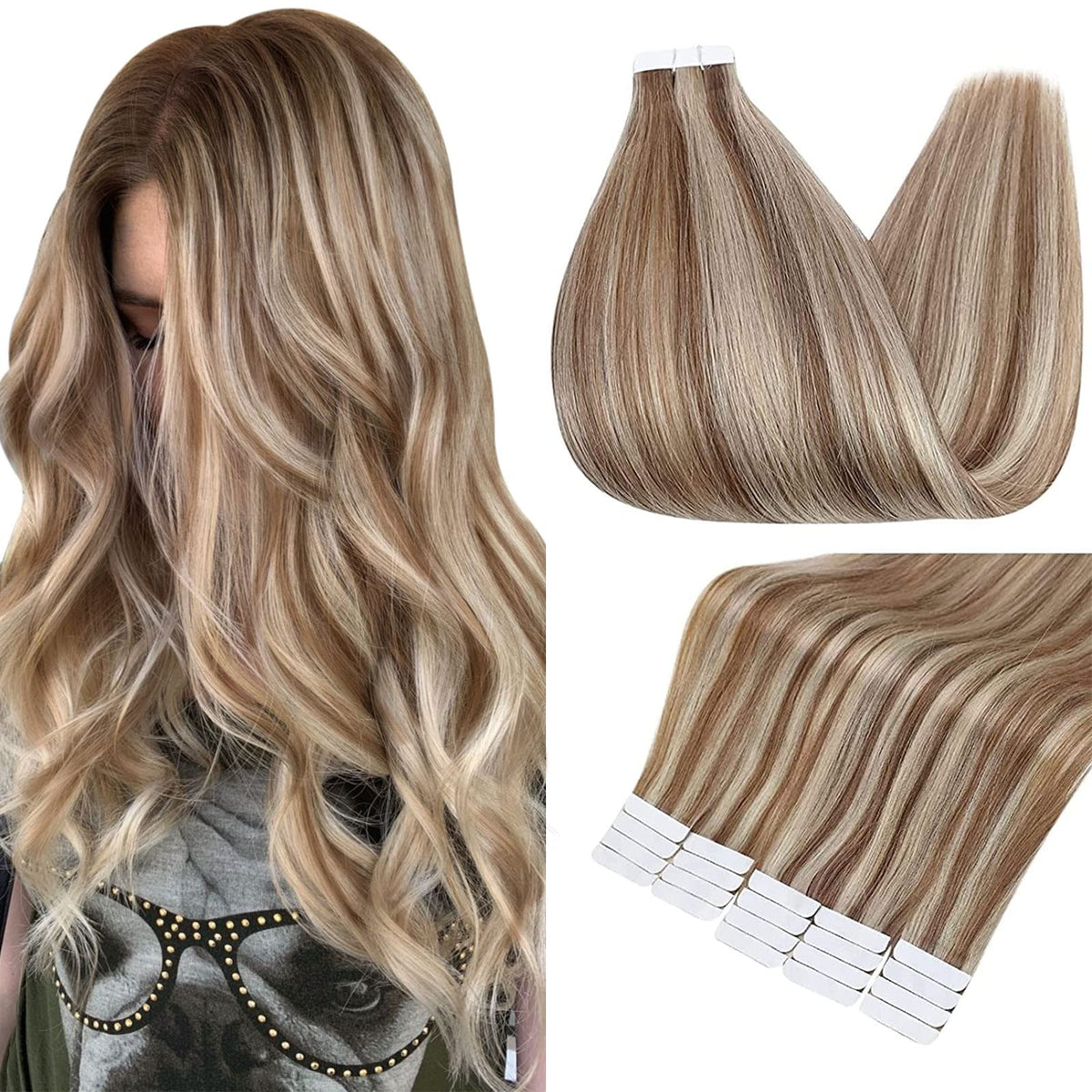 Full Shine Tape In Human Hair Extensions Blonde With Brown Hair 18Inch Real Hair Extensions Glue In 20 Pieces 50Grams Skin Weft