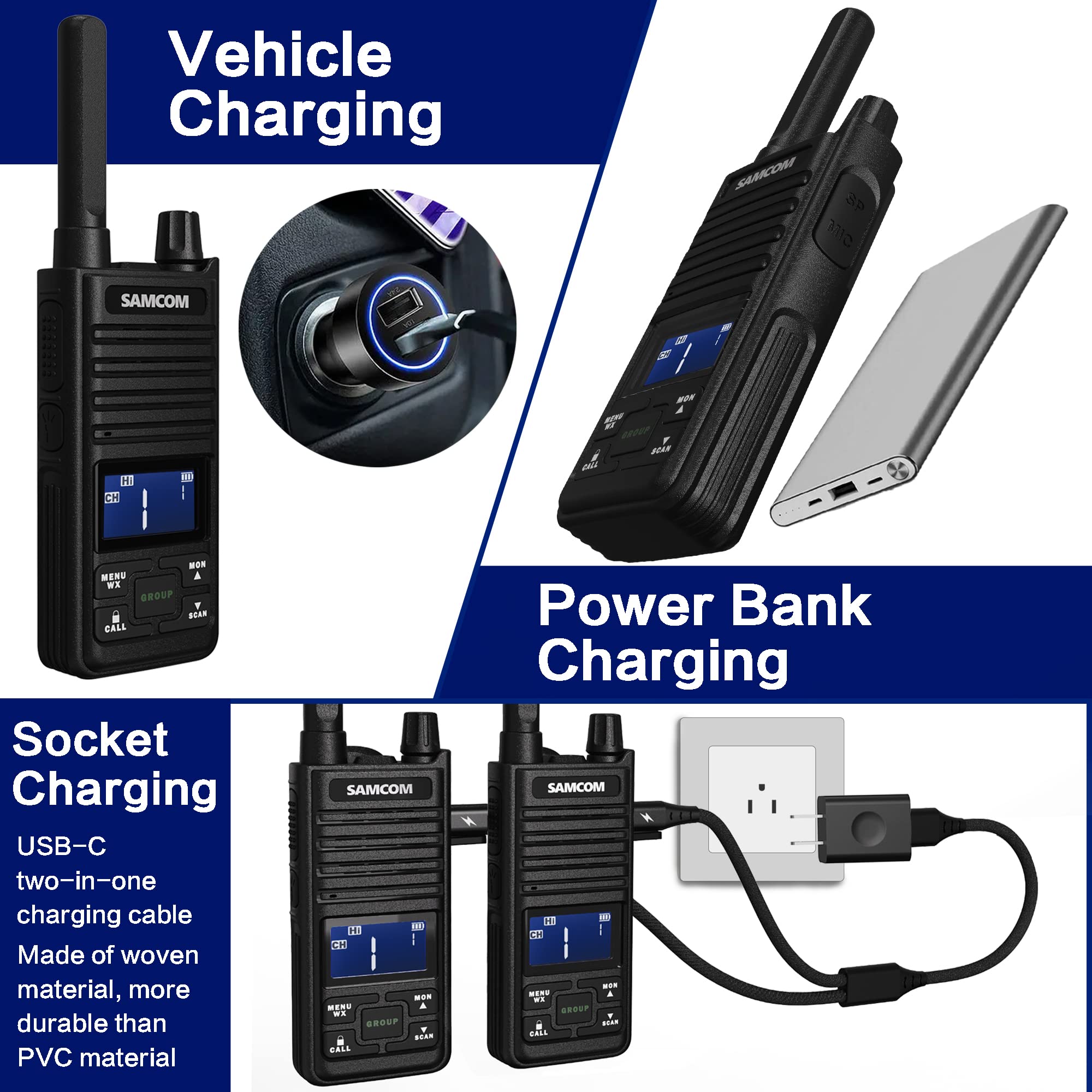Samcom Gmrs Walkie Talkies Long Range, Type C Rechargeable Two Way Radio With Earpiece For Adults, 2 Way Radios Handheld Two Way Radios With Usb Base Charger For Camping (4 Pack, Black)