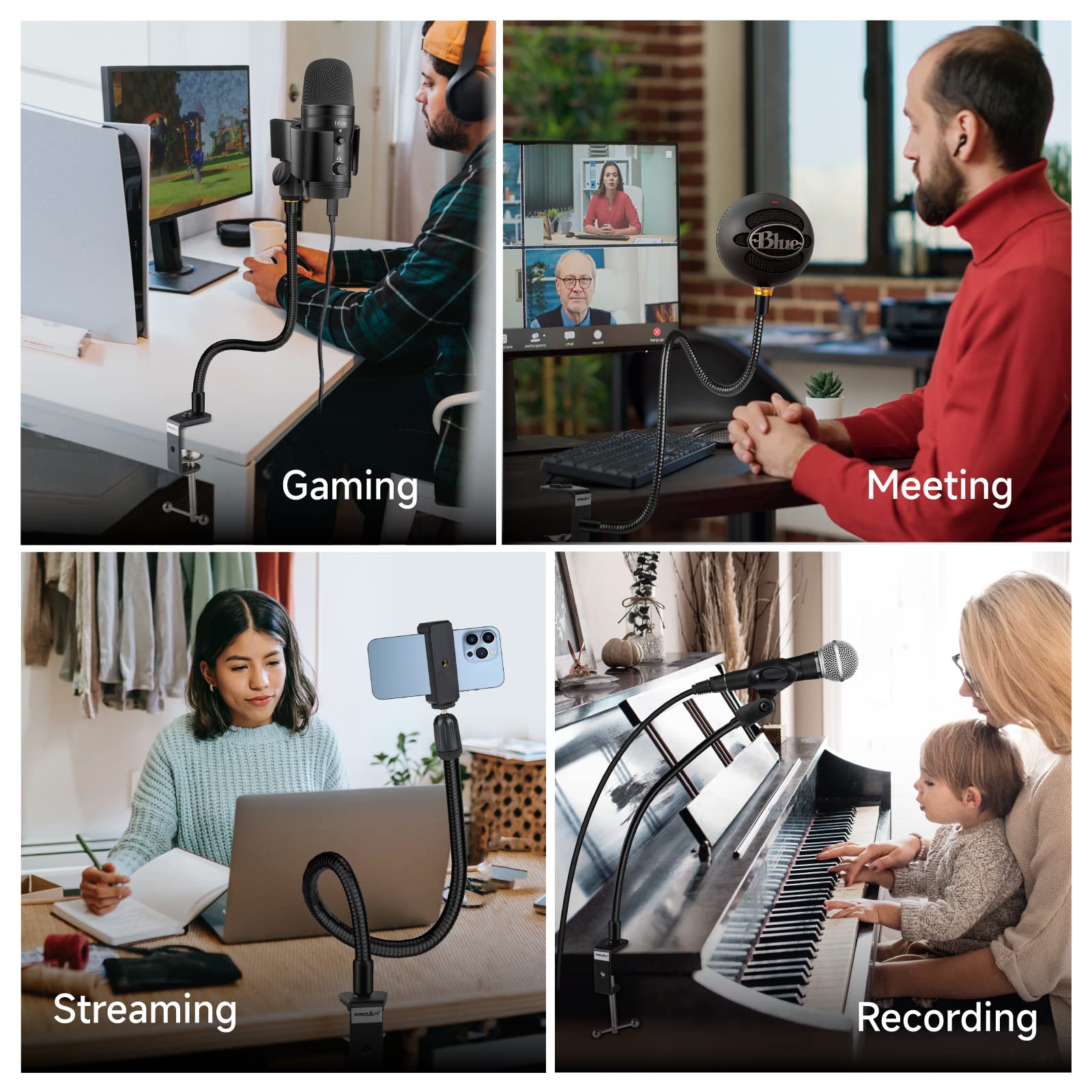 Microphone Stand 13 Flexible Gooseneck Desktop Mic Stand Multi-Function Mic Stand Phone Holder With Upgraded Mic Clip And Heavy