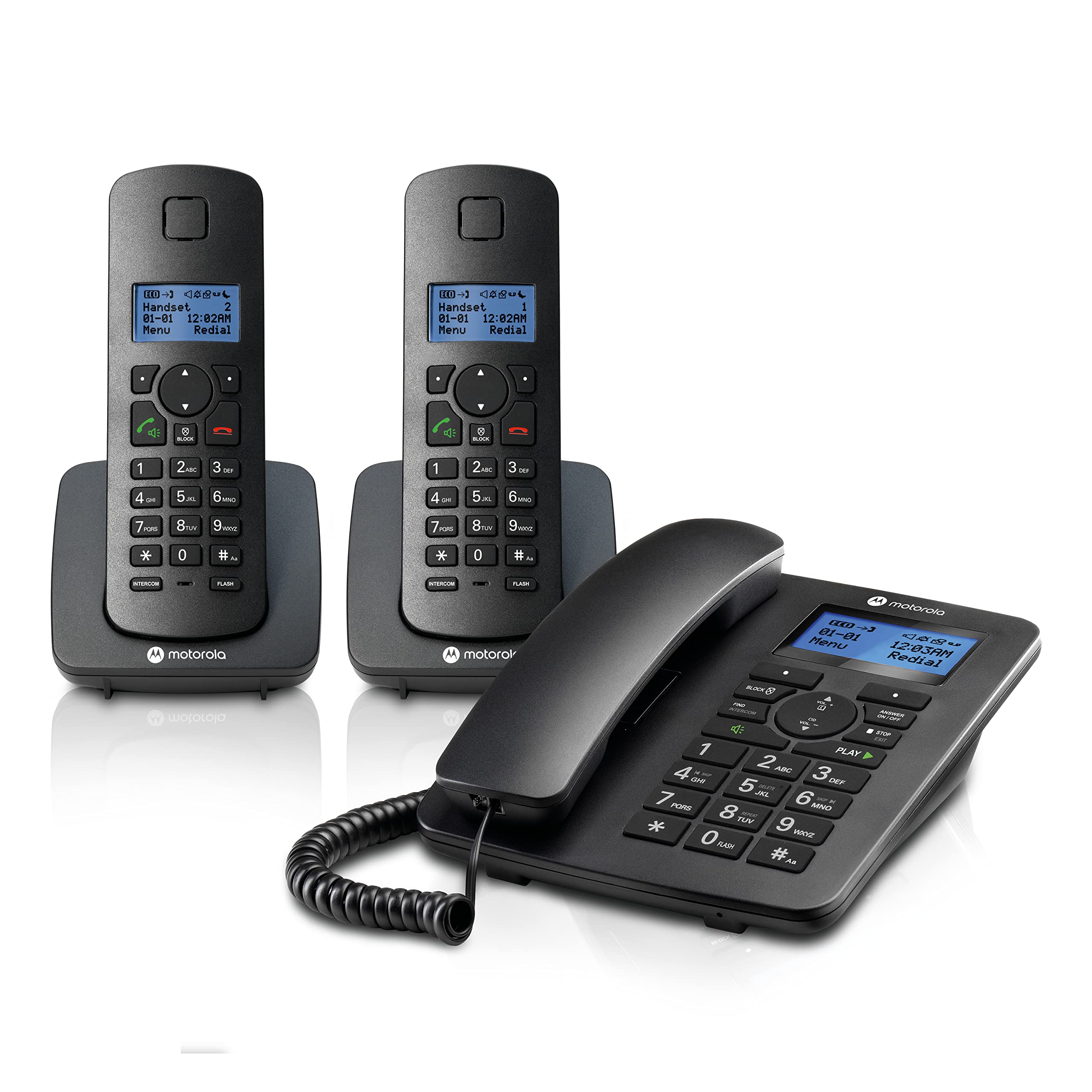 Motorola Voice C42 Corded Phone System + 2 Digital Cordless Handsets W/Answering Machine, Call Block   Black (C4202)