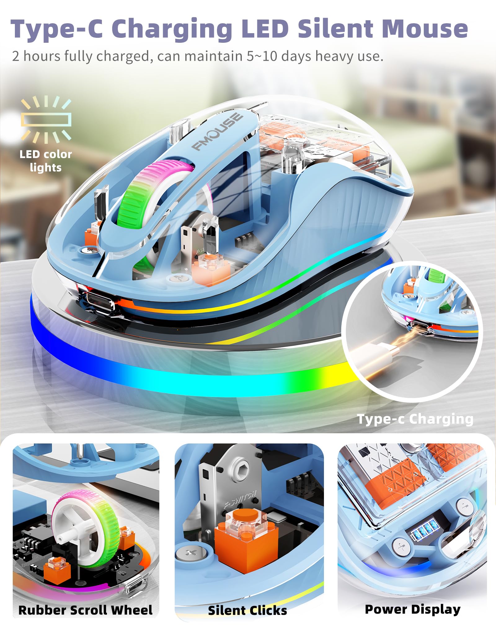 Fmouse Unique Transparent Bluetooth Mouse With Usb & Type C Two Receiver, Small Portable Wireless Rechargeable Mice For Macbook/