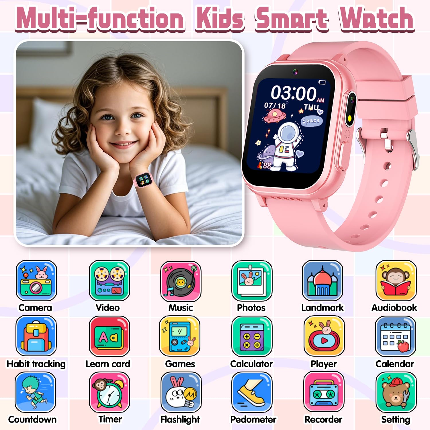 Waterproof Smart Watch For Kids Girls Age 5-12 With 32 Games, Dual Camera, Habit Tracking, Music Player, Video, Hd Touchscreen K