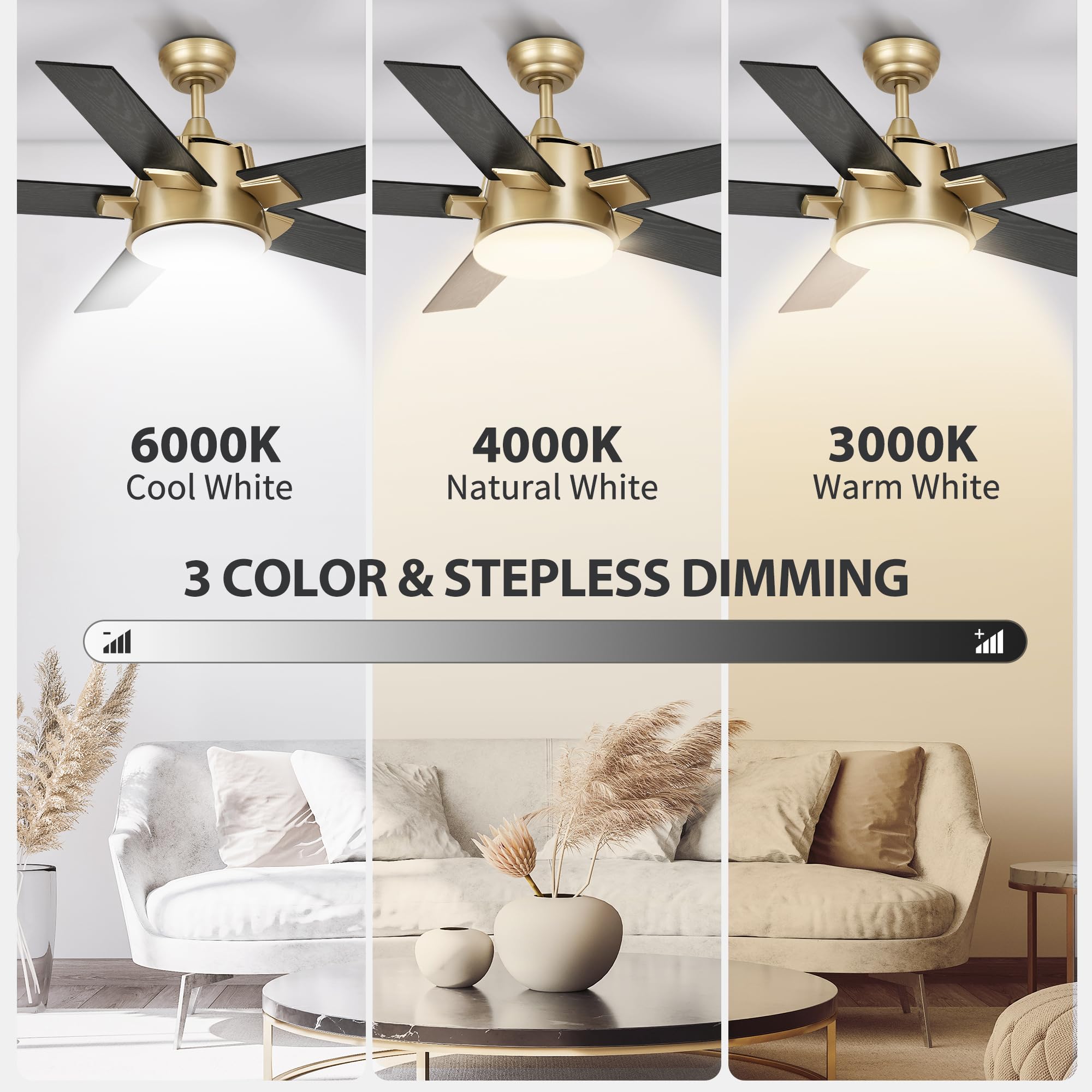 Yitahome Black Gold Ceiling Fan With Light And Wall Switch Remote, 52 Inch Modern Ceiling Fan, Quiet Reversible Motor, Dimmable