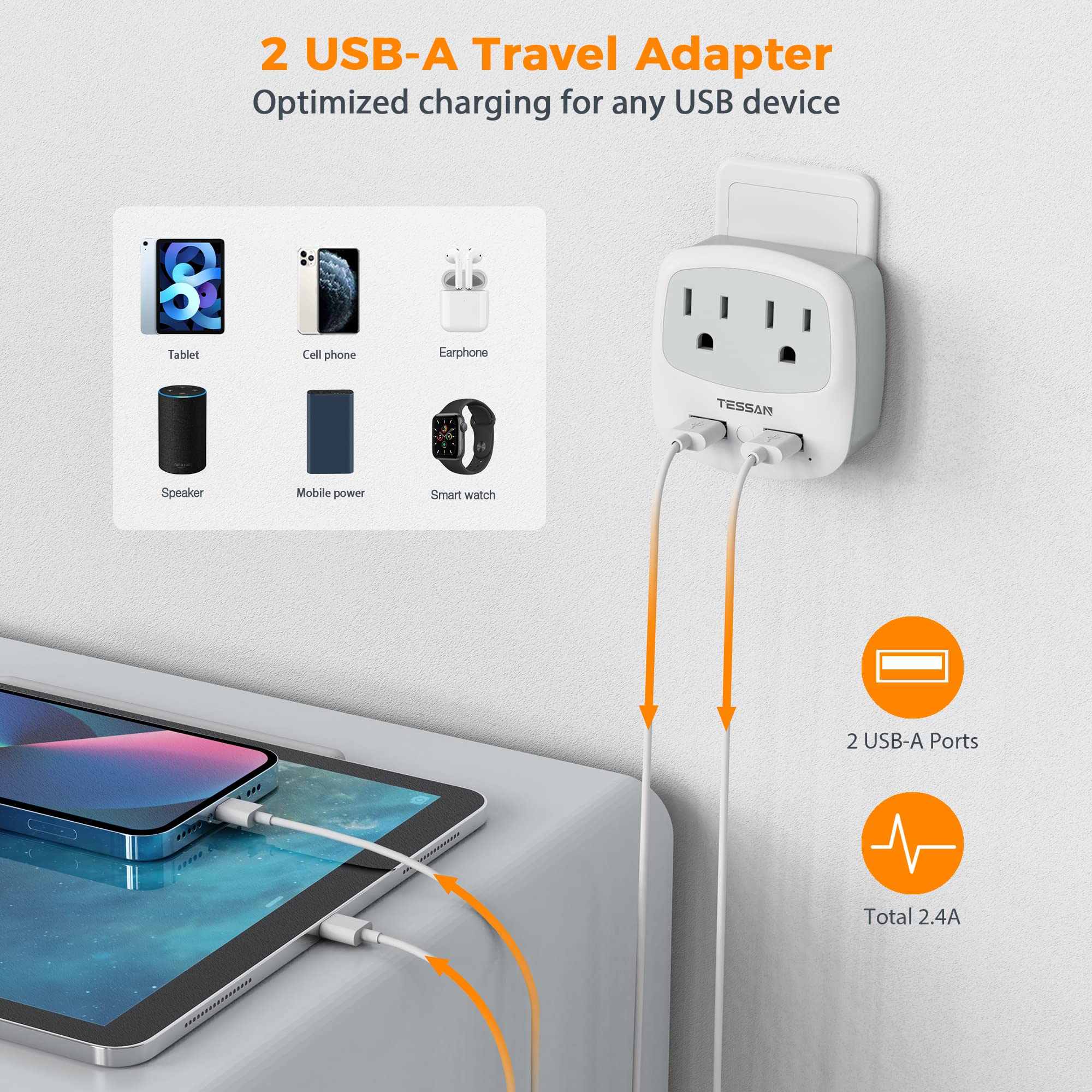 Tessan Brazil Power Adapter, Us To Brazil Plug Adaptor With 2 American Outlets And 2 Usb Charging Ports, Type N Travel Converter