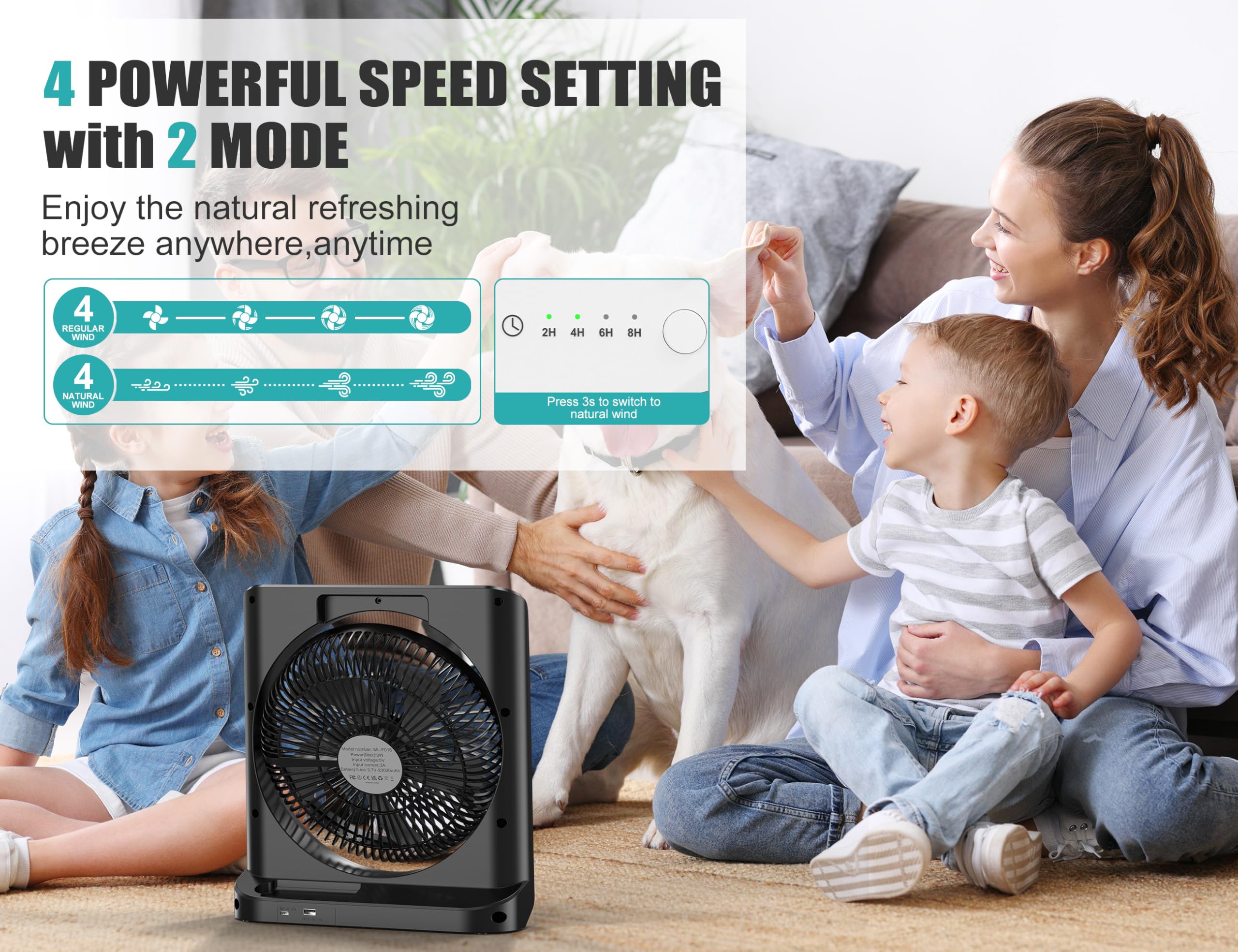 20000Mah Rechargeable Fan For Camping - 55H Super Long Last Battery Operated Fan, 10 Square Table Fan With Timer, 210 Pivot 4 Po